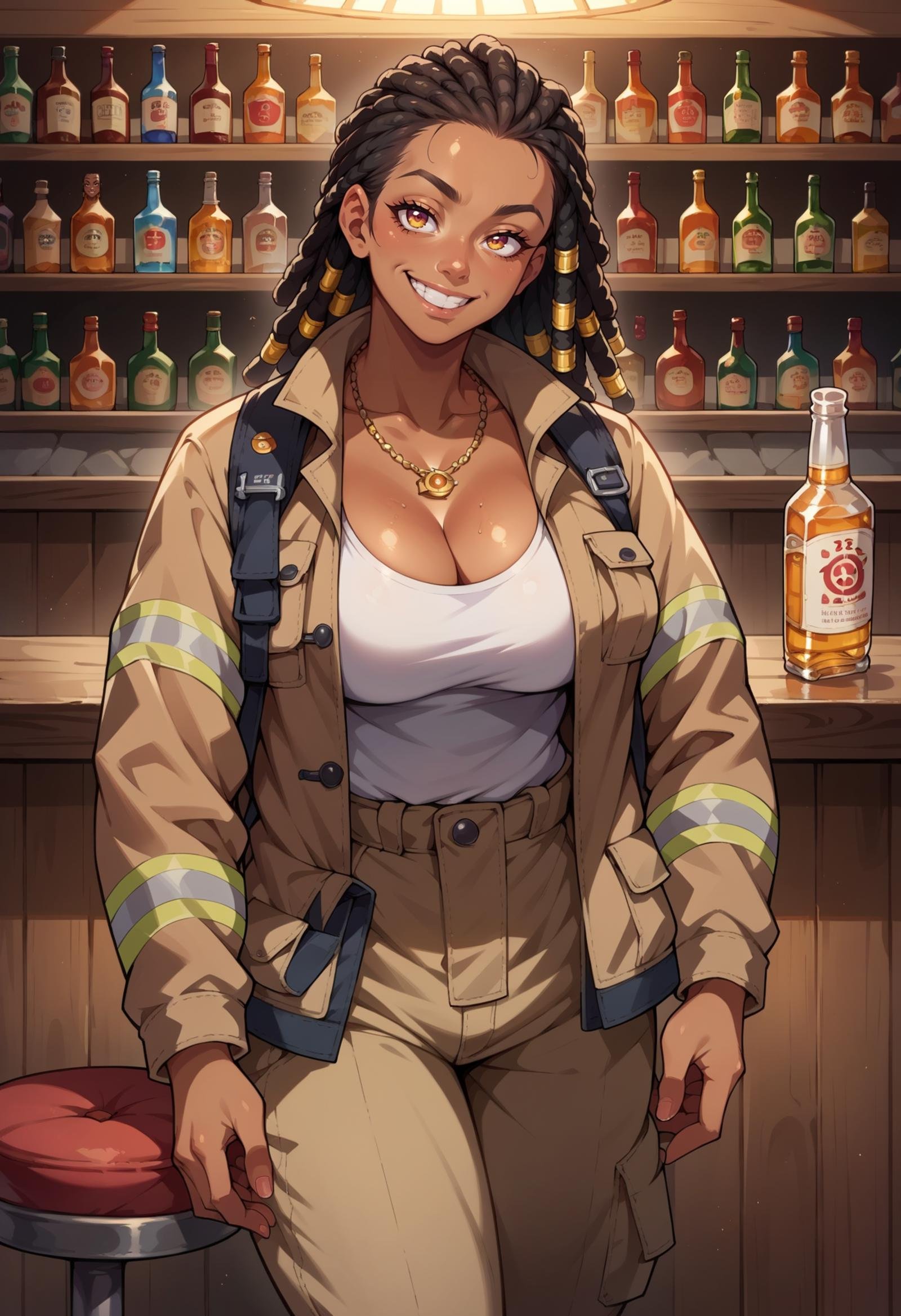 score_9, score_8_up,score_7_up, source_anime, 1girl,long hair, dreadlocks, black hair, dark skin, dark-skinned female, very dark skin, necklace, golden necklace,  EPFireFighter, <lora:EPFireFighterPony:1.0>, wearing EPFireFighter, jacket, brown jacket, partially unbuttoned, cleavage, large breasts, pants, brown pants, no headwear, harness, smiling, seductive smile, bar, bar stool, leaning to the side, leaning, drink, bottle, 