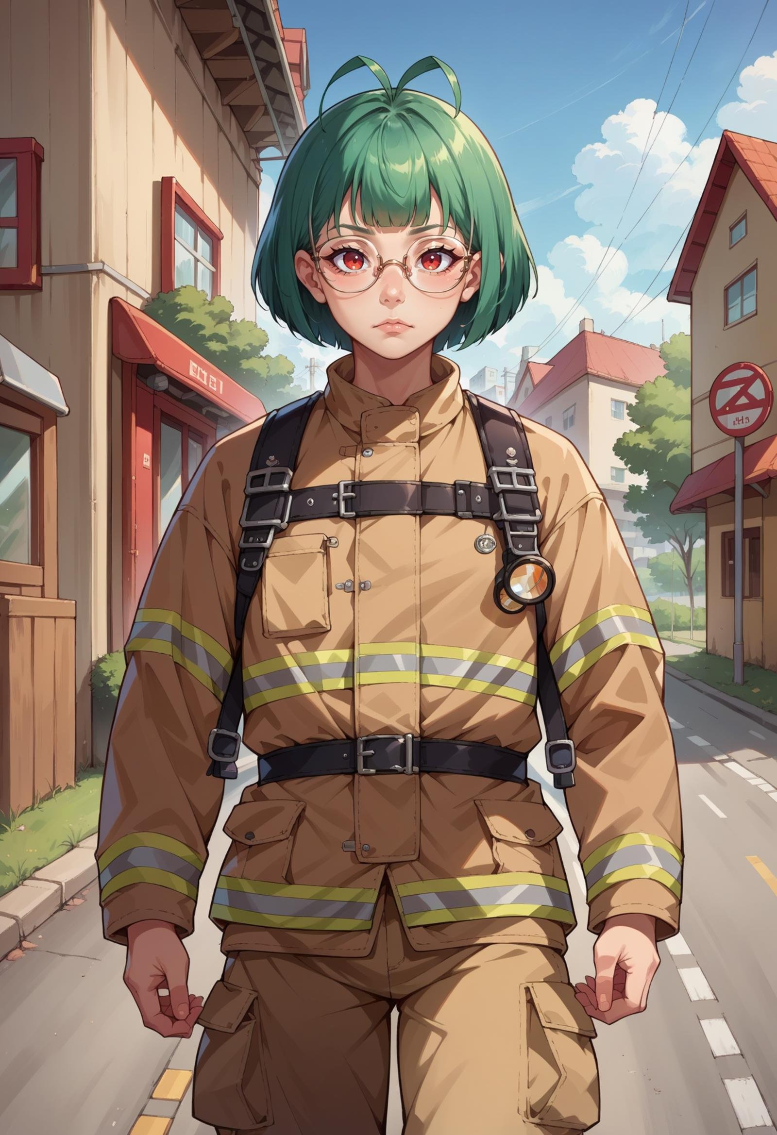 score_9, score_8_up, score_7_up, score_6_up, score_5_up, score_4_up, source_anime, 1girl, solo, looking at viewer, medium hair, green hair, antenna hair, bob cut, blunt bangs, sidelocks, red eyes, glasses, semi-rimless eyewear, detailed background, cowboy shot, EPFireFighter, <lora:EPFireFighterPony_epoch_10:1.0>, wearing EPFireFighter, jacket, brown jacket, pants, brown pants, harness, no headwear, road sign, street, house, building, cityscape, 