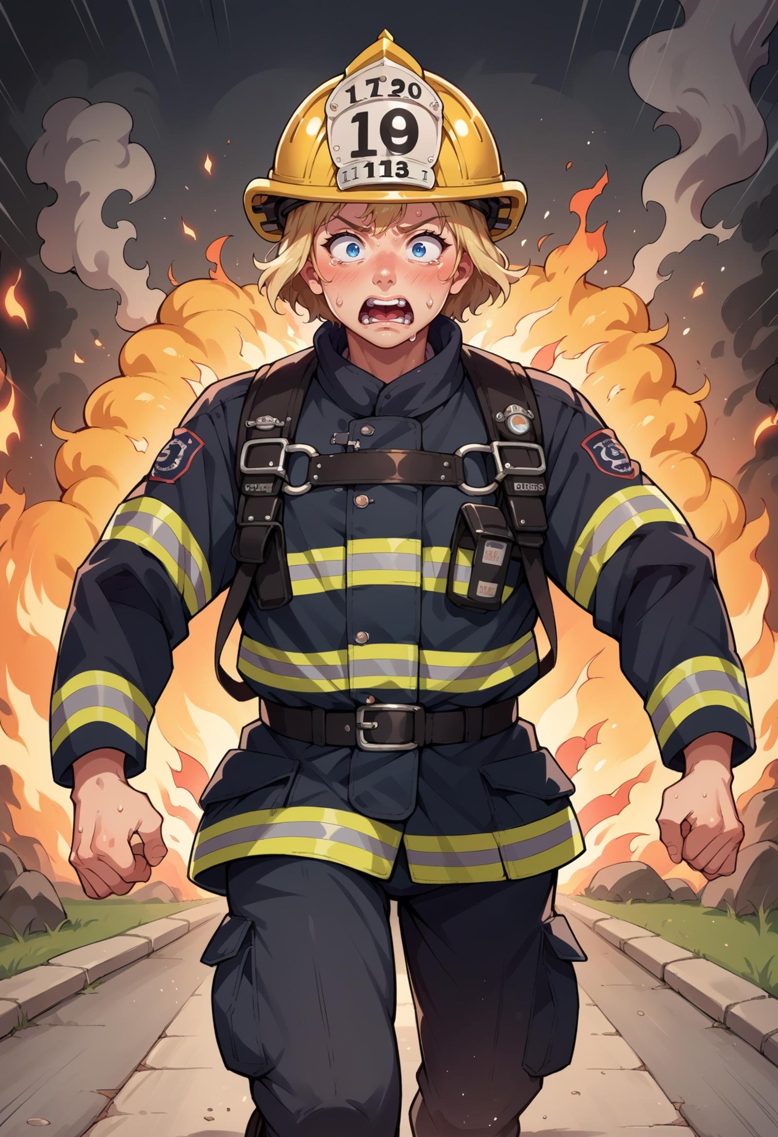 score_9, score_8_up,score_7_up, source_anime, 1girl, blue eyes, blonde hair, short hair, half updo, blush, muscular, EPFireFighter, <lora:EPFireFighterPony:1.0>, wearing EPFireFighter, jacket, black jacket, pants, black pants, helmet, harness, yellow headwear, running, sweat, burning, burning jacket, fire, smoke, panicking, scared,