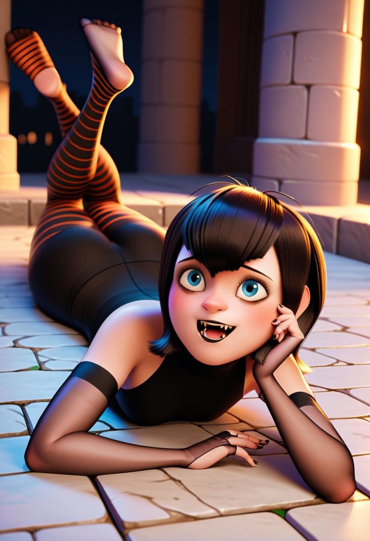 score_9, score_8, score_7, score_6, rating_questionable, Mavis, pantyhose, 1girl, laying on a stone floor, castle, sexy pose, happy, vampire fangs, shoulders exposed 