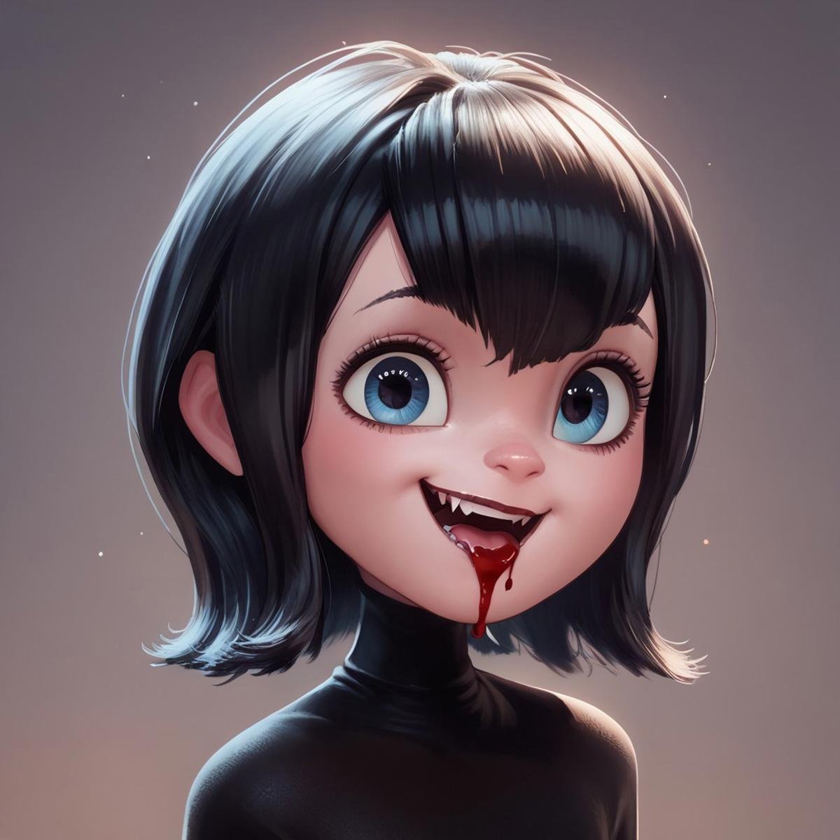 score_9, score_8, score_7, score_6, rating_questionable, Ma_visVamp, pantyhose, 1girl, portrait, black hair, cute smile, tiny fangs, blood dripping from mouth