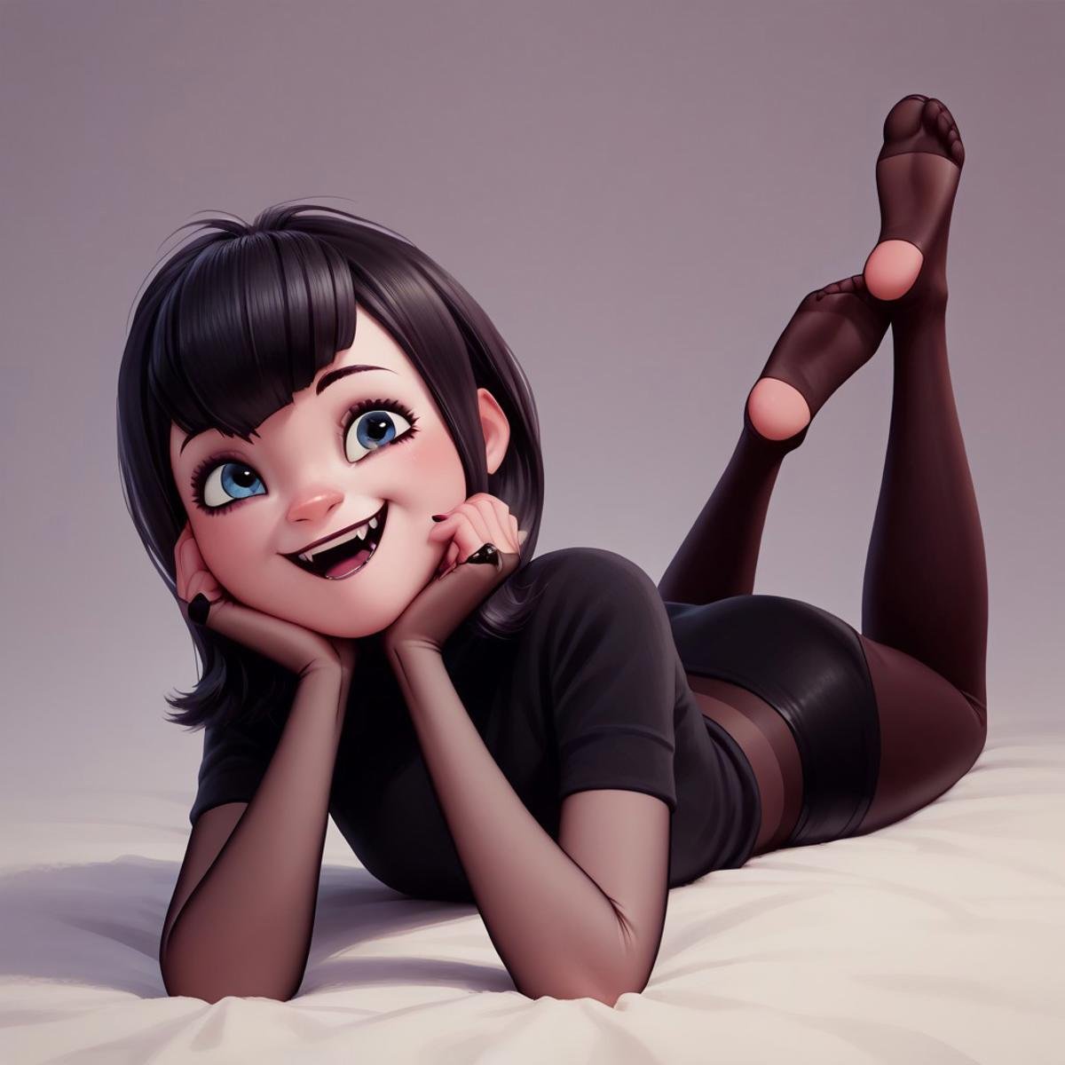 score_9, score_8, score_7, score_6, rating_questionable, Ma_visVamp, pantyhose, 1girl, laying on stomach , sexy pose, happy, tiny fangs, sexy pos, feet up