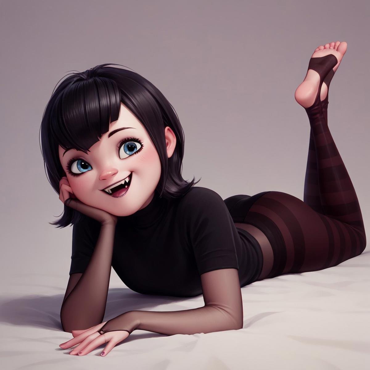 score_9, score_8, score_7, score_6, rating_questionable, Ma_visVamp, pantyhose, 1girl, laying on stomach , sexy pose, happy, tiny fangs, sexy pose, barefoot 