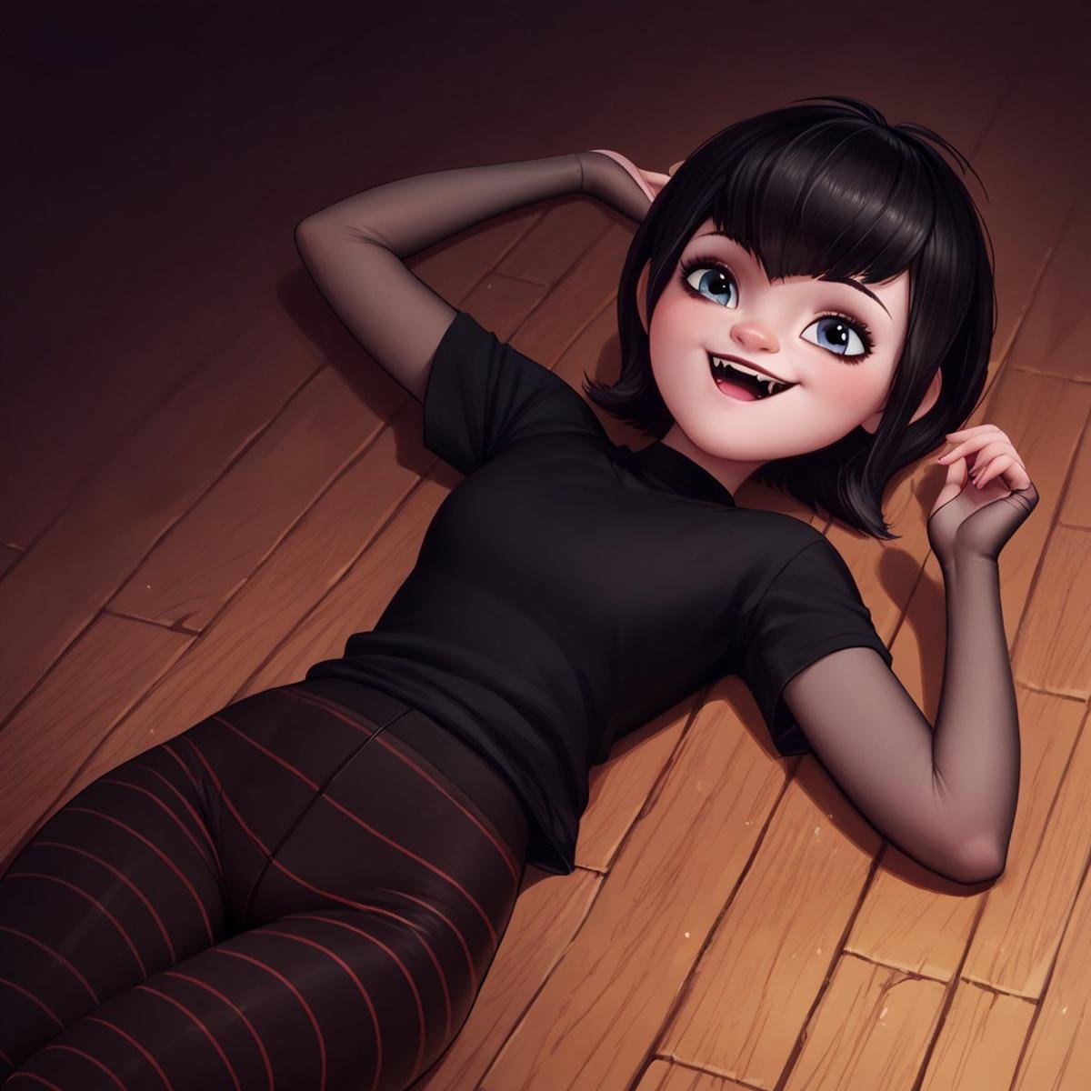 score_9, score_8, score_7, score_6, rating_questionable, Ma_visVamp, pantyhose, 1girl, laying on the floor , sexy pose, happy, tiny fangs, sexy pose, black shirt,.short hair