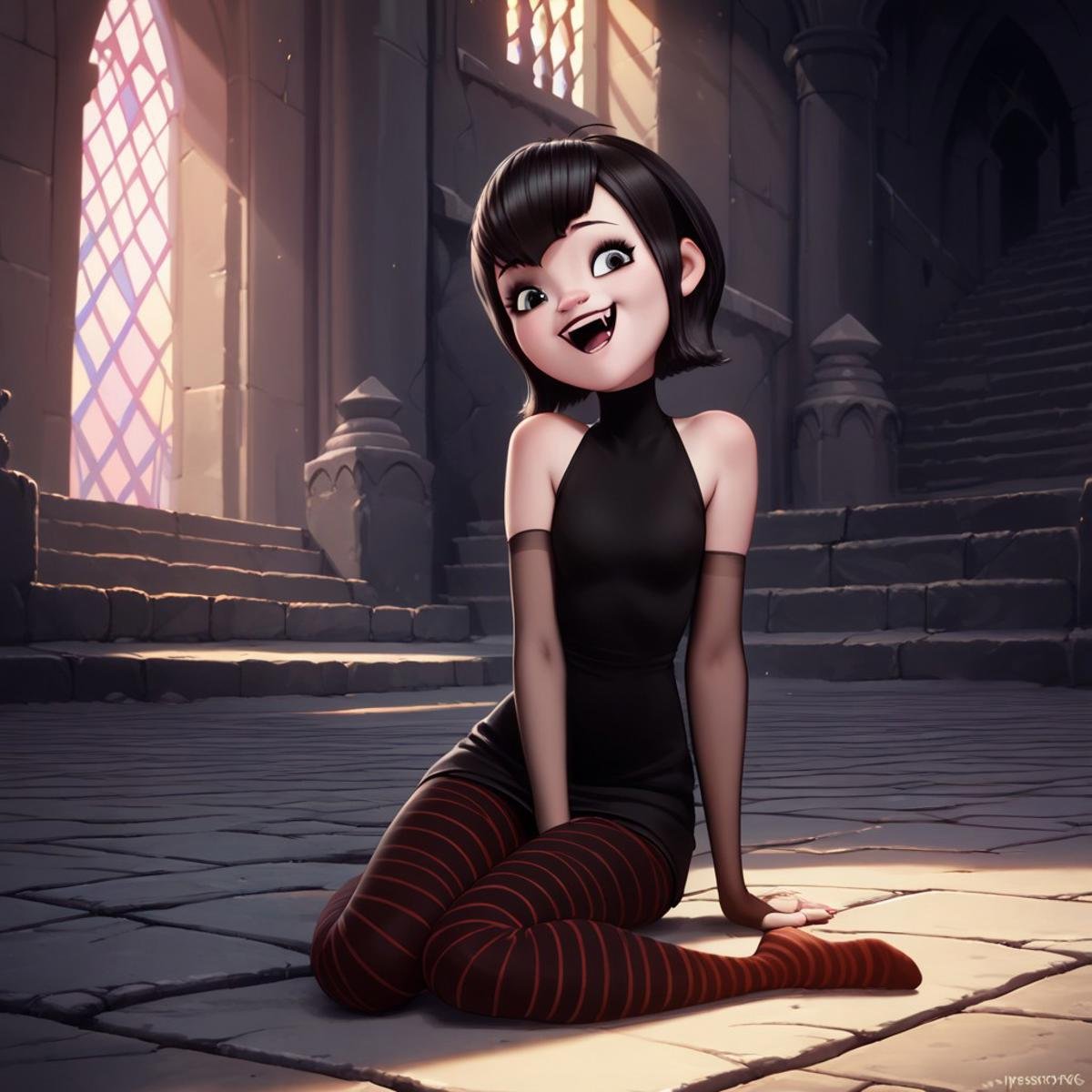 score_9, score_8, score_7, score_6, rating_questionable, Ma_visVamp, pantyhose, 1girl, sitting on a stone floor, in a castle, sexy pose, happy, tiny fangs, shoulders exposed