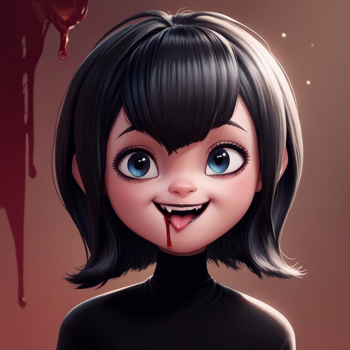 score_9, score_8, score_7, score_6, rating_questionable, Ma_visVamp, pantyhose, 1girl, portrait, black hair, cute smile, tiny fangs, blood dripping from mouth