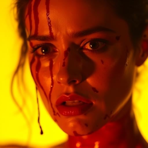 droplets splashing upon impact, red bl00d dripping down the left side of her forehead, nose, casting shadows on her face, focused expression suggesting confrontation, bright yellow lighting creating high contrast, faint expression, teary eyes, red lipstick, neck covered in bl00d