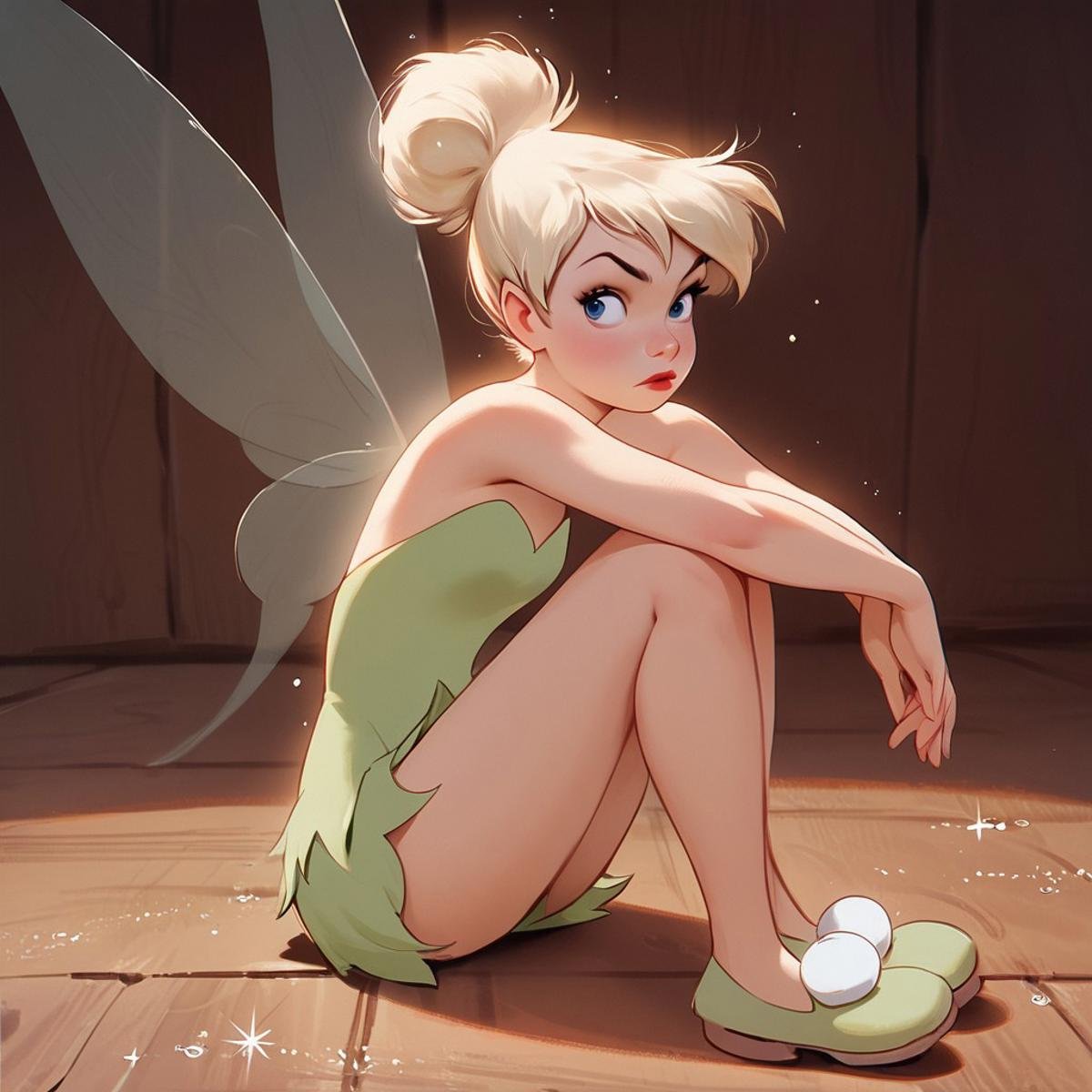 score_9, score_8_up, score_7_up, score_6_up, score_5_up, score_4_up, 1girl, Tinkerbell, fairy, Fairy wings, sitting on the floor, portrait