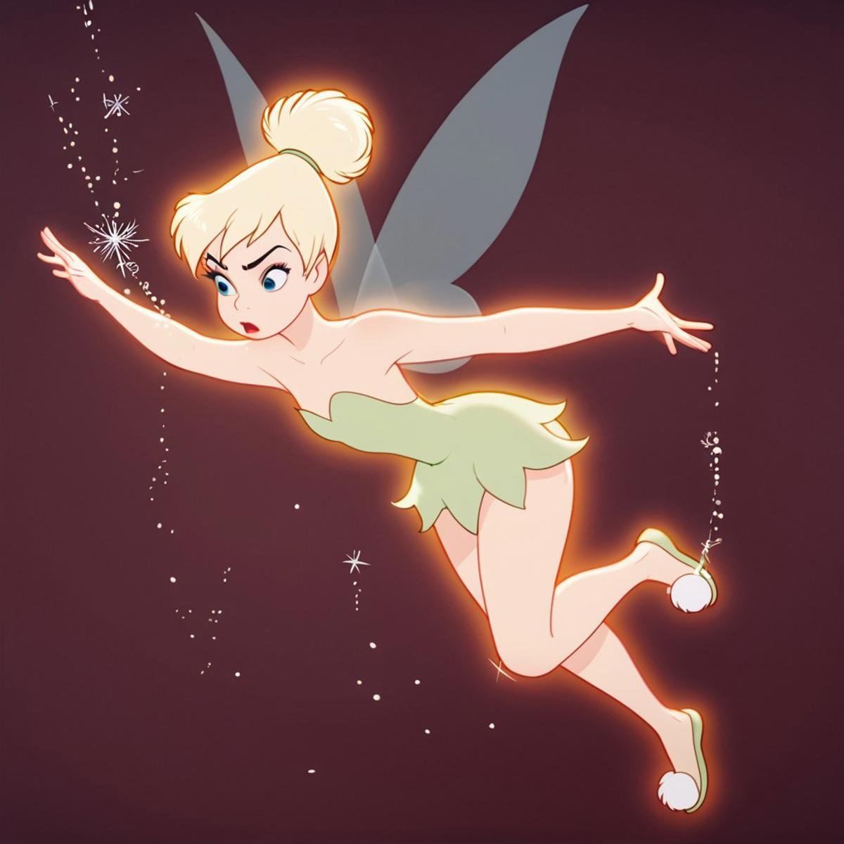 score_9, score_8_up, score_7_up, score_6_up, score_5_up, score_4_up, 1girl, Tinkerbell, fairy, Fairy wings, flying, swirling magic dust