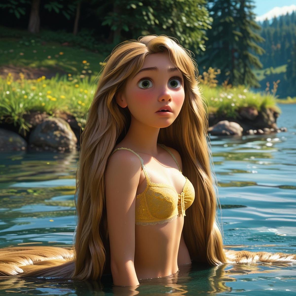 score_9, score_8, score_7, score_6, Rapunzel, 1girl, seductive eyes, fFaceDetail, OverallDetail, nude, very long hair, yellow bra, standing in shallow water, lake