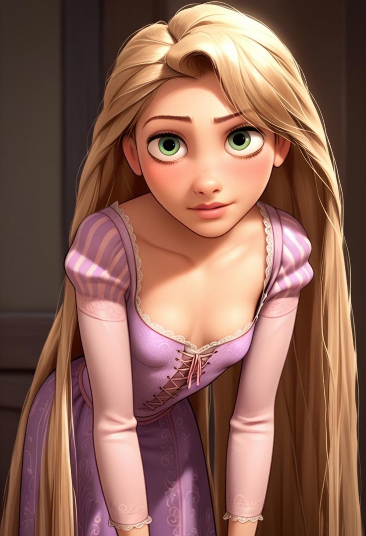 score_9, score_8, score_7, score_6, Rapunzel, 1girl, rating_explicit, Rapunzel, very long hair, loose dress, leaning forward, cleavage, flat chest, flat breasts, seductive eyes, shoulder exposed, seductive smile 