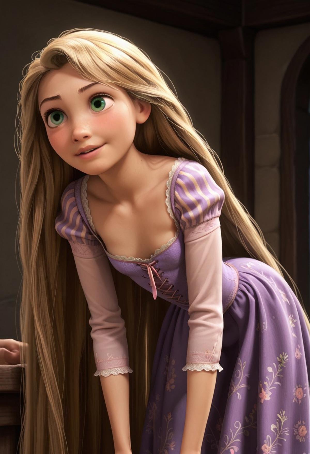 score_9, score_8, score_7, score_6, Rapunzel, 1girl, rating_explicit, Rapunzel, very long hair, loose dress, leaning forward, cleavage, flat chest, flat breasts, seductive eyes, shoulder exposed, seductive smile