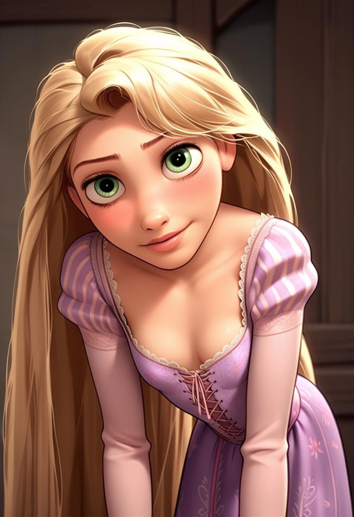 score_9, score_8, score_7, score_6, Rapunzel, 1girl, rating_explicit, Rapunzel, very long hair, loose dress, leaning forward, cleavage, flat chest, flat breasts, seductive eyes, shoulder exposed, seductive smile 