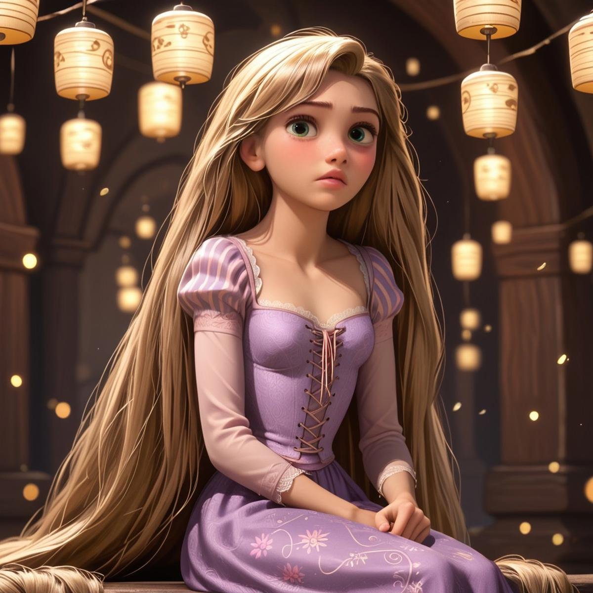 score_9, score_8, score_7, score_6, Rapunzel, 1girl, seductive eyes, fFaceDetail, OverallDetail, nude, tight dress, very long hair, surrounded by paper lanterns, sitting on a peer