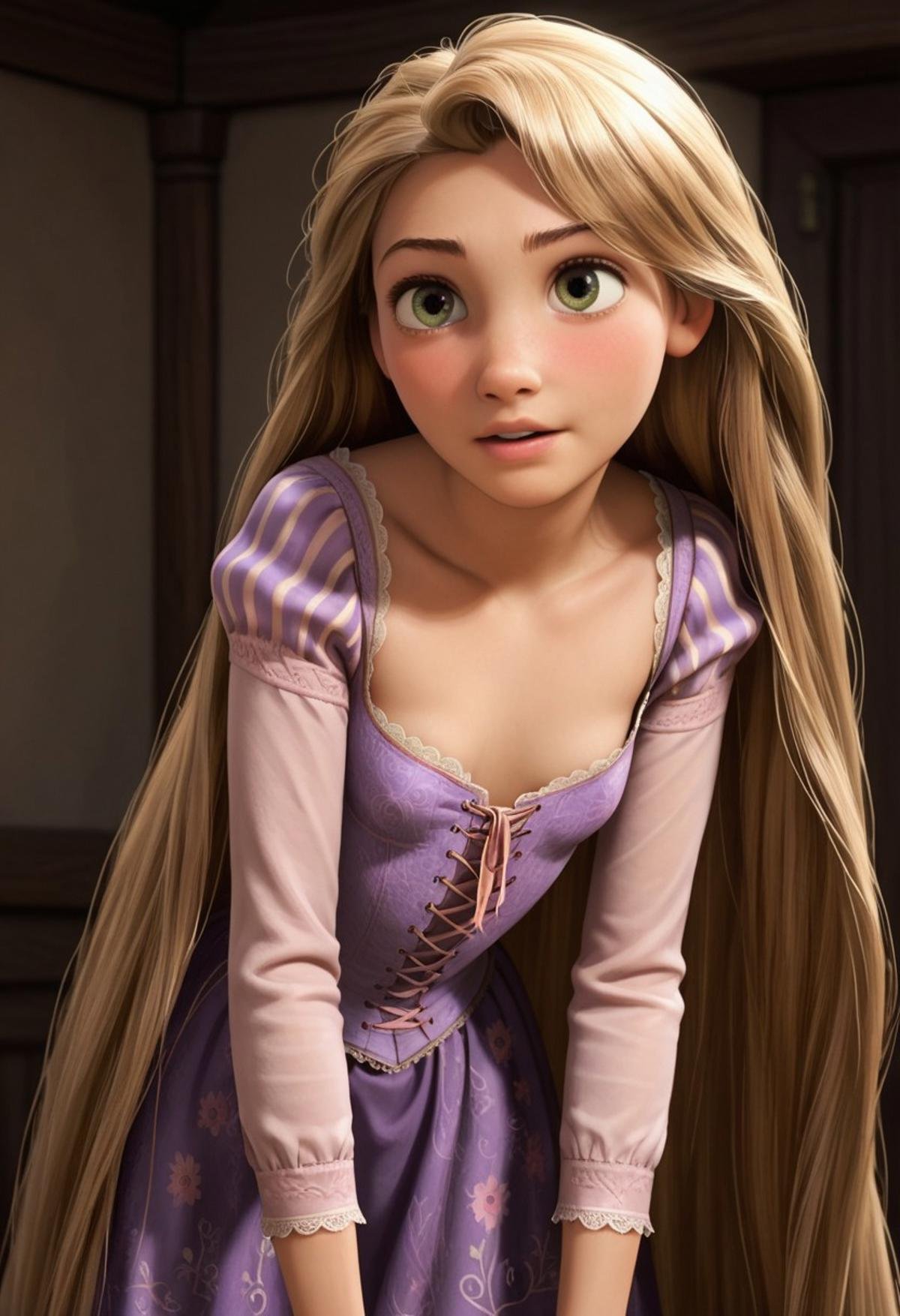 score_9, score_8, score_7, score_6, Rapunzel, 1girl, rating_explicit, Rapunzel, very long hair, loose dress, leaning forward, cleavage, flat chest, flat breasts, seductive eyes, shoulder exposed, seductive smile