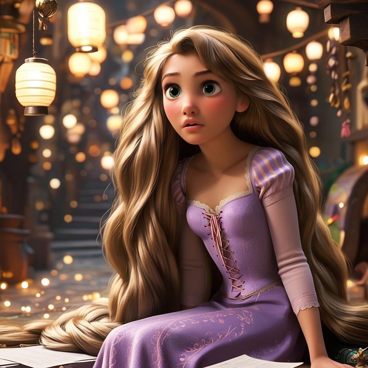 score_9, score_8, score_7, score_6, Rapunzel, 1girl, seductive eyes, fFaceDetail, OverallDetail, nude, tight dress, very long hair, surrounded by paper lanterns, sitting on a peer