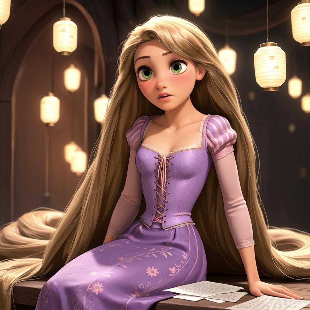 score_9, score_8, score_7, score_6, Rapunzel, 1girl, seductive eyes, fFaceDetail, OverallDetail, nude, tight dress, very long hair, surrounded by paper lanterns, sitting on a peer