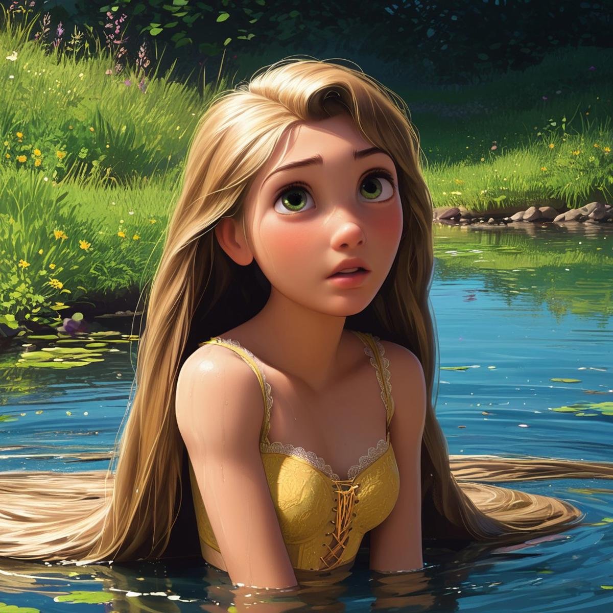 score_9, score_8, score_7, score_6, Rapunzel, 1girl, seductive eyes, fFaceDetail, OverallDetail, nude, very long hair, yellow bra, standing in shallow water, lake