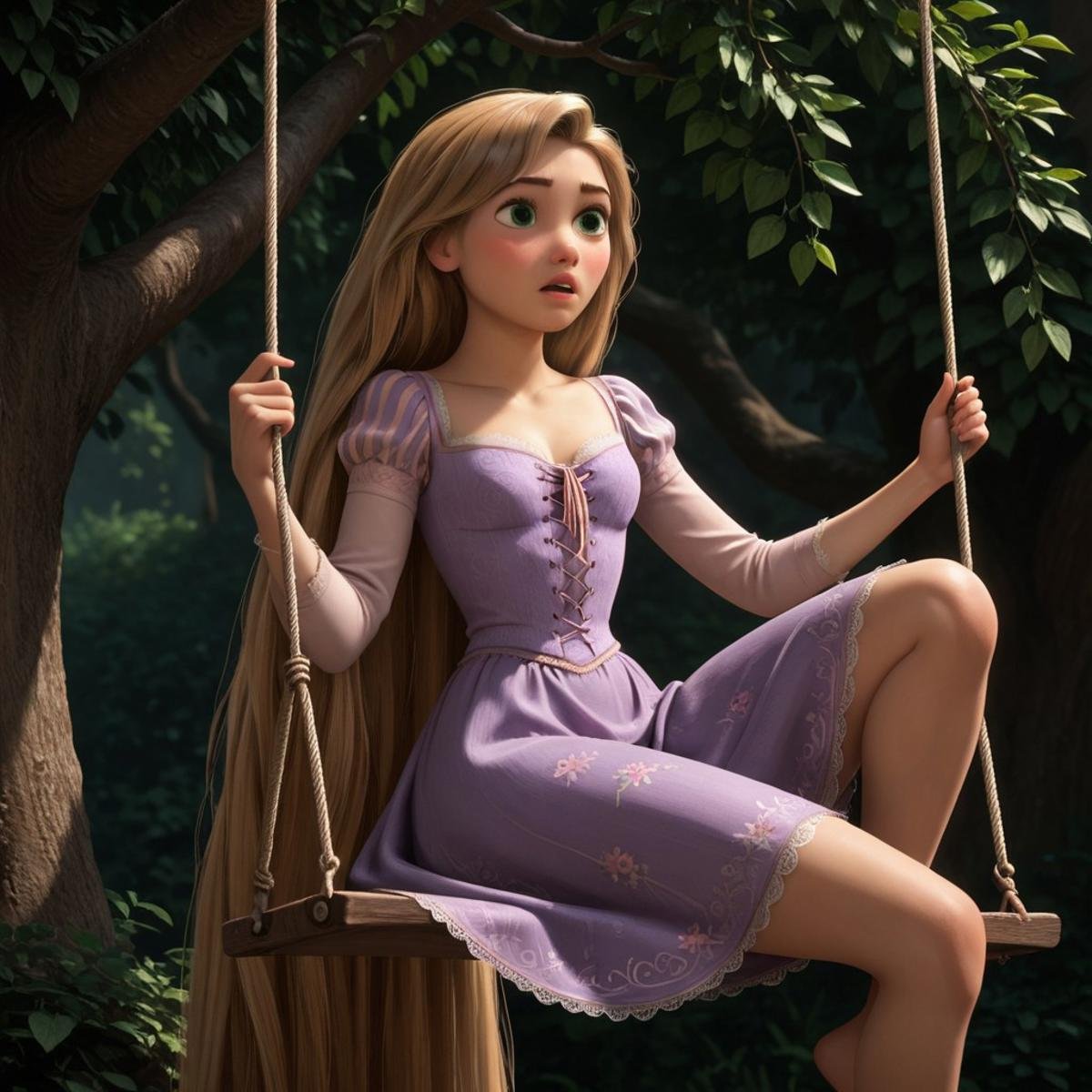 score_9, score_8, score_7, score_6, Rapunzel, 1girl, seductive eyes, fFaceDetail, OverallDetail, nude, tight dress, very long hair, on a tree swing 