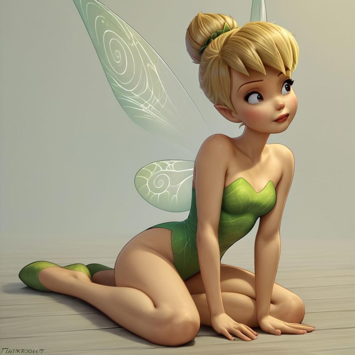 score_9, score_8_up, score_7_up, score_6_up, score_5_up, score_4_up, 1girl, Tinkerbell, rating_questionable, fairy, Fairy wings, small breasts, sitting on the floor 