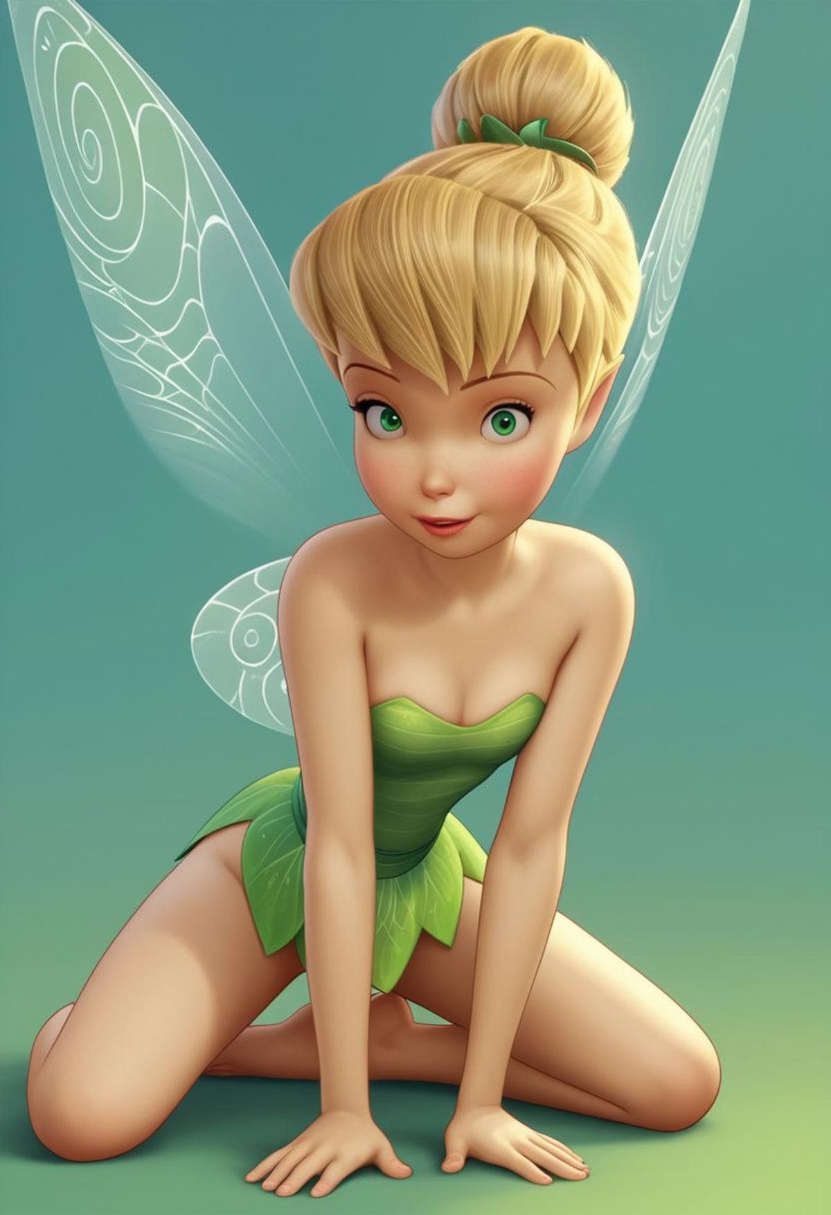 score_9, score_8, score_7, score_6, Tinkerbell, fairy, Fairy wings, 1girl, rating_explicit, smile, simple background, full body, pose, posing, looking at viewer, pin-up pose, pin-up, lying on the floor, barefoot, flat chest, flat breasts, leaning forward, cleavage,