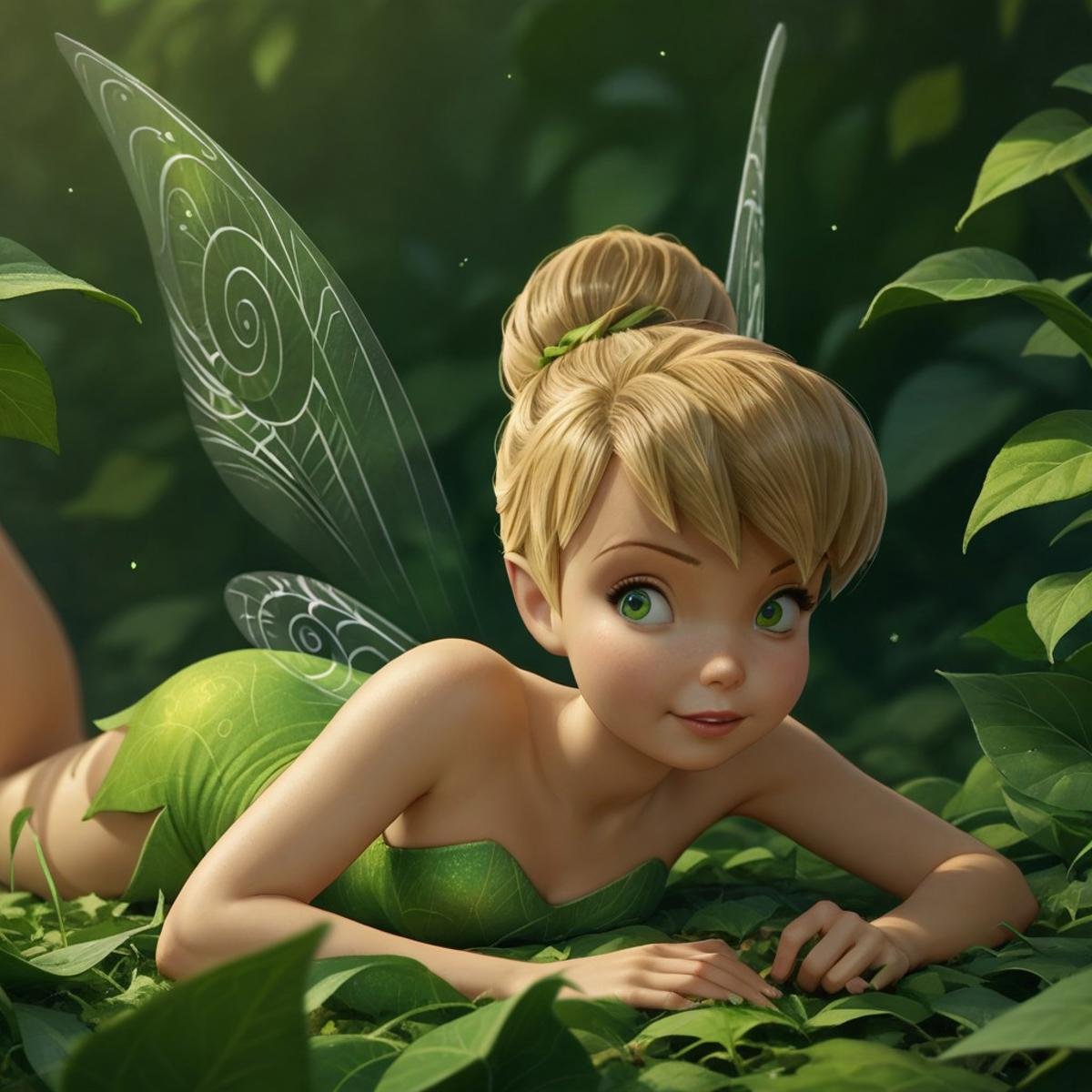 score_9, score_8_up, score_7_up, score_6_up, score_5_up, score_4_up, Tinkerbell, fairy, fairy wings, laying on stomach, facing viewer, covered in leaves