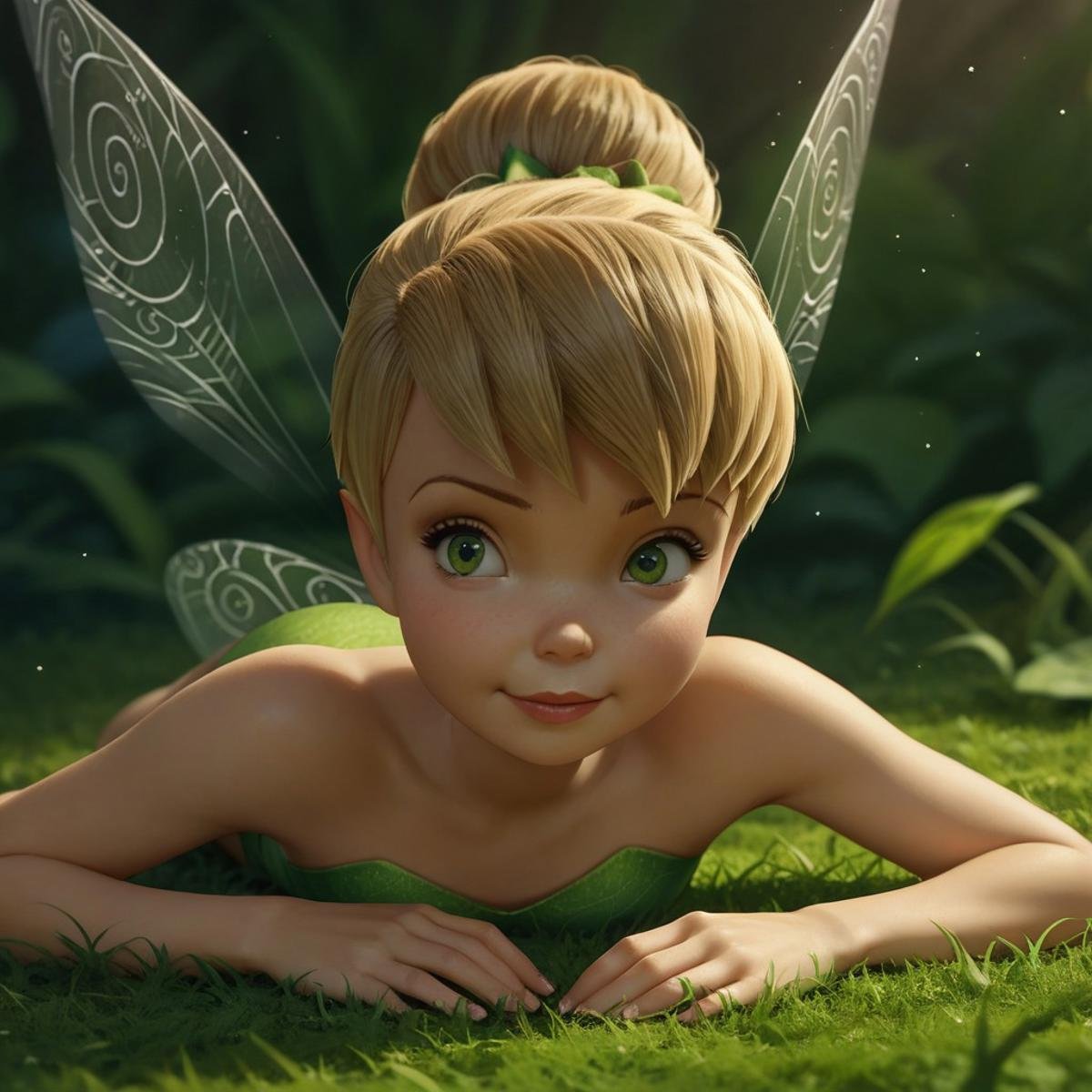 score_9, score_8_up, score_7_up, score_6_up, score_5_up, score_4_up, Tinkerbell, fairy, fairy wings, laying on stomach, facing viewer, portrait