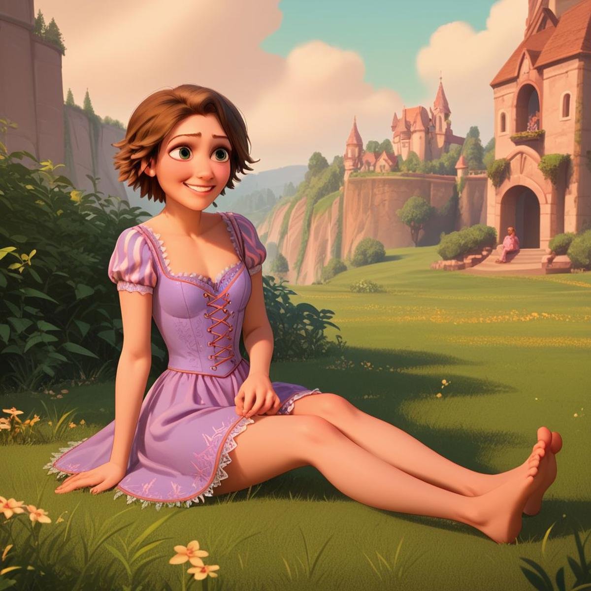 score_9, score_8_up, score_7_up, score_6_up, score_5_up, score_4_up, rating_safe, 1girl, Rapunzel, in a field, small smile, sitting on the ground, short hair, brown hair