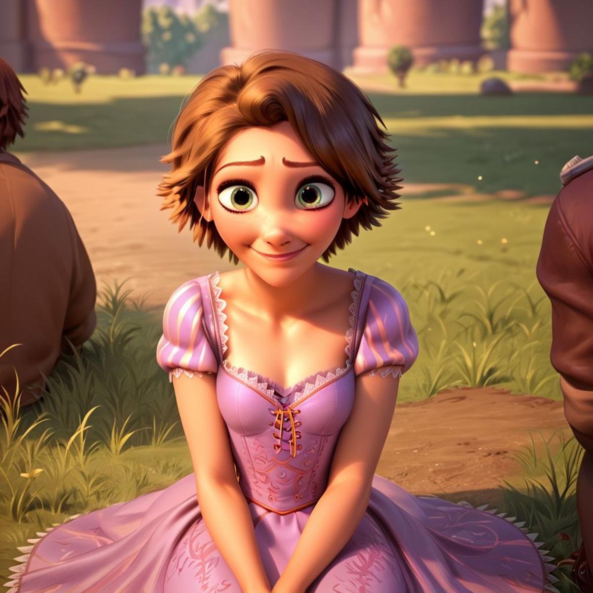 score_9, score_8_up, score_7_up, score_6_up, score_5_up, score_4_up, rating_safe, 1girl, Rapunzel, in a field, small smile, sitting on the ground, short hair