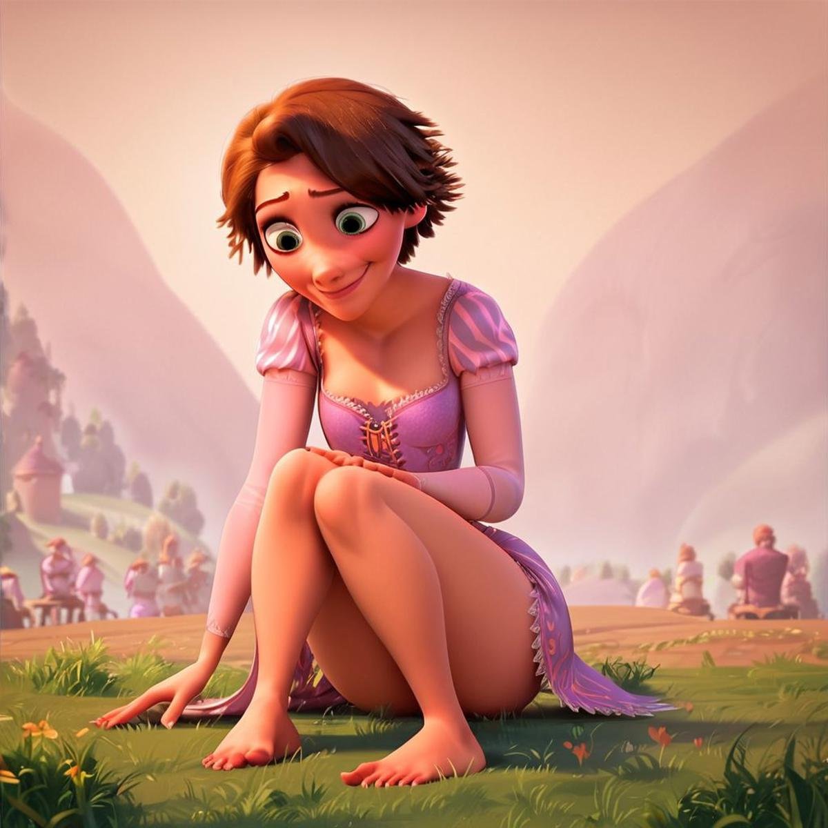 score_9, score_8_up, score_7_up, score_6_up, score_5_up, score_4_up, rating_questionable, 1girl, Rapunzel, in a field, small smile, sitting on the ground, short hair, barefoot, 