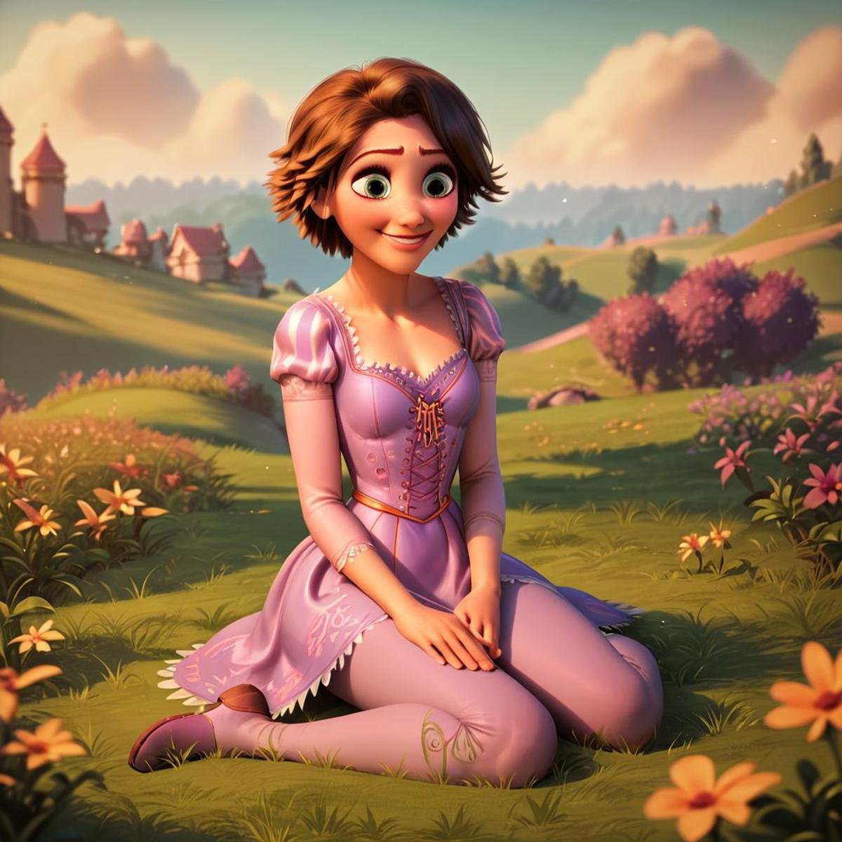 score_9, score_8_up, score_7_up, score_6_up, score_5_up, score_4_up, rating_safe, 1girl, Rapunzel, in a field, small smile, sitting on the ground, short hair