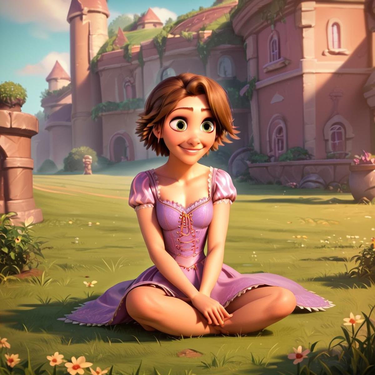 score_9, score_8_up, score_7_up, score_6_up, score_5_up, score_4_up, rating_safe, 1girl, Rapunzel, in a field, small smile, sitting on the ground, short hair