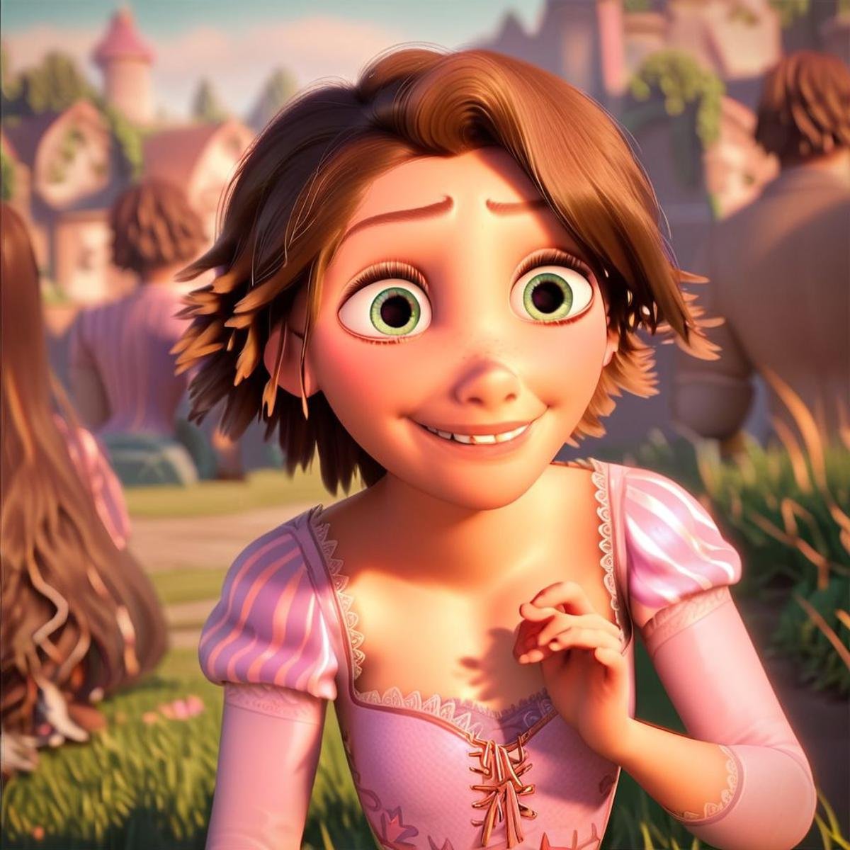 score_9, score_8_up, score_7_up, score_6_up, score_5_up, score_4_up, rating_safe, 1girl, Rapunzel, in a field, small smile, sitting on the ground, short hair