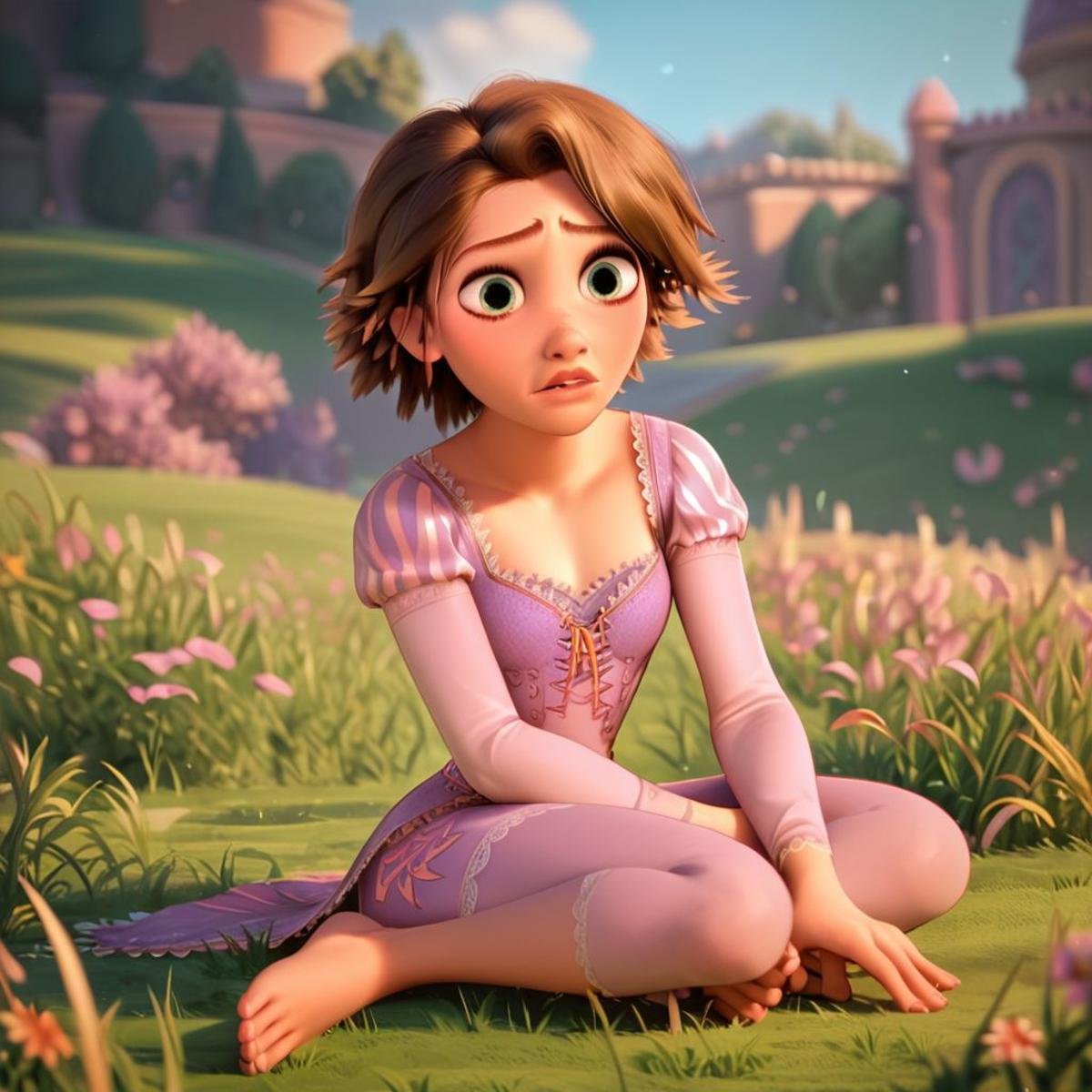 score_9, score_8_up, score_7_up, score_6_up, score_5_up, score_4_up, rating_safe, 1girl, Rapunzel, in a field, pursed lips, sitting on the ground, short hair, barefoot