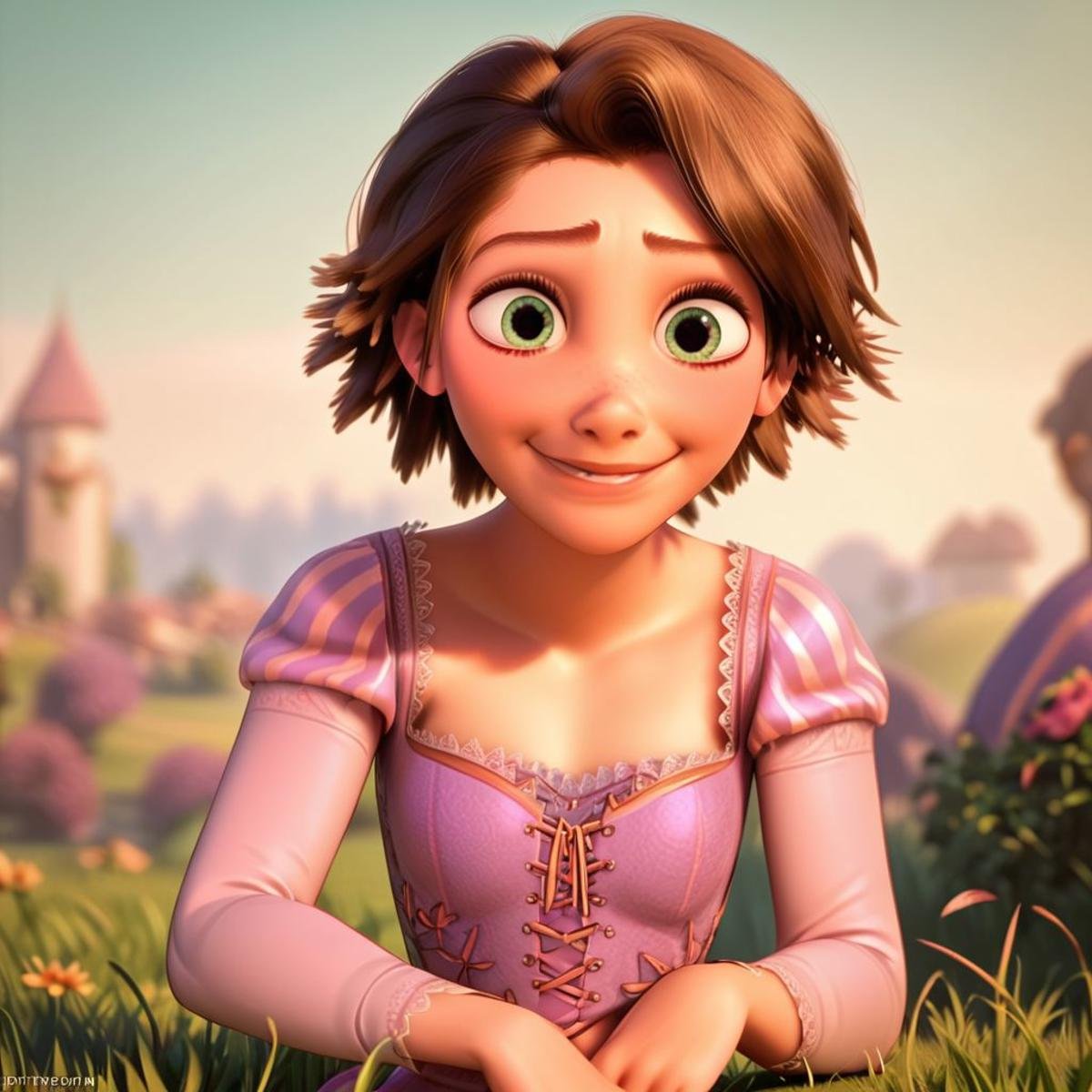 score_9, score_8_up, score_7_up, score_6_up, score_5_up, score_4_up, rating_safe, 1girl, Rapunzel, in a field, small smile, sitting on the ground, short hair