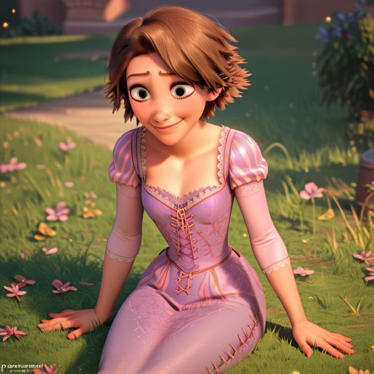 score_9, score_8_up, score_7_up, score_6_up, score_5_up, score_4_up, rating_safe, 1girl, Rapunzel, in a field, small smile, sitting on the ground, short hair