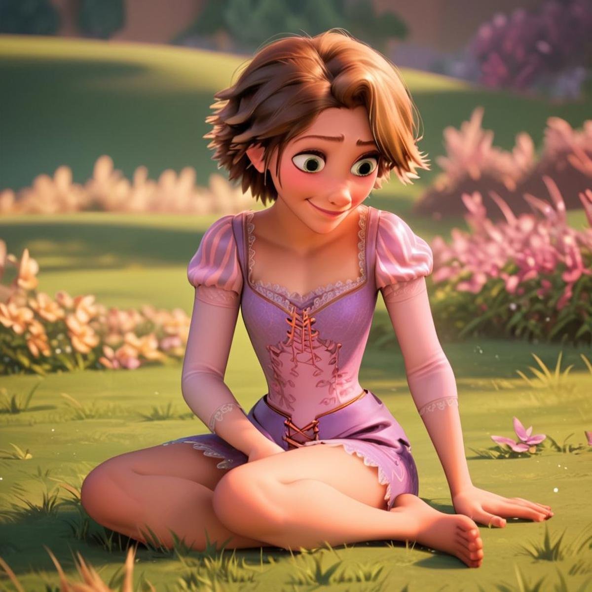 score_9, score_8_up, score_7_up, score_6_up, score_5_up, score_4_up, rating_safe, 1girl, Rapunzel, in a field, small smile, sitting on the ground, short hair, barefoot