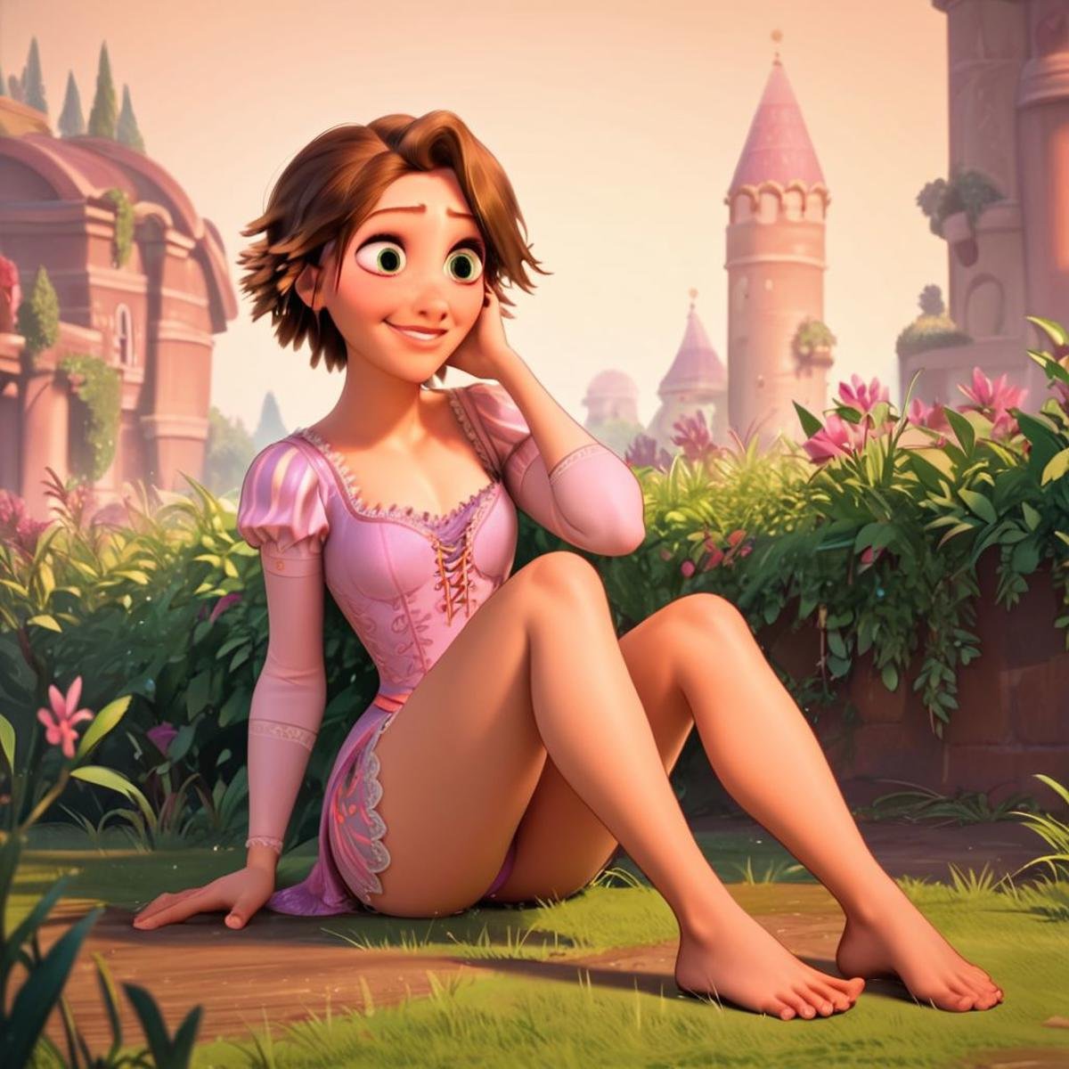 score_9, score_8_up, score_7_up, score_6_up, score_5_up, score_4_up, rating_safe, 1girl, Rapunzel, in a field, small smile, sitting on the ground, short hair, barefoot, bottom of feet