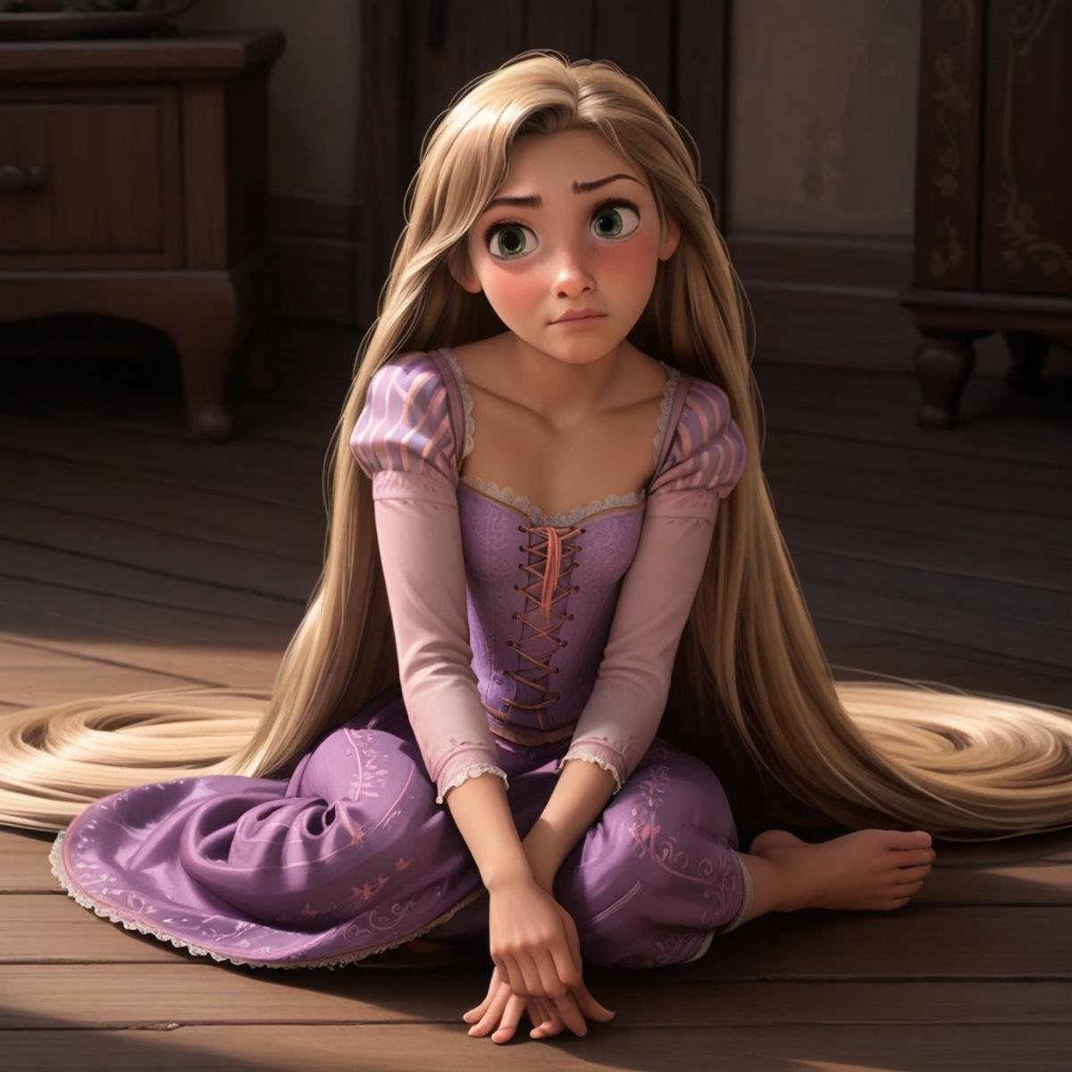 score_9, score_8, score_7, score_6, Rapunzel, 1girl, R_punzel, very long hair, sitting on the floor, barefoot