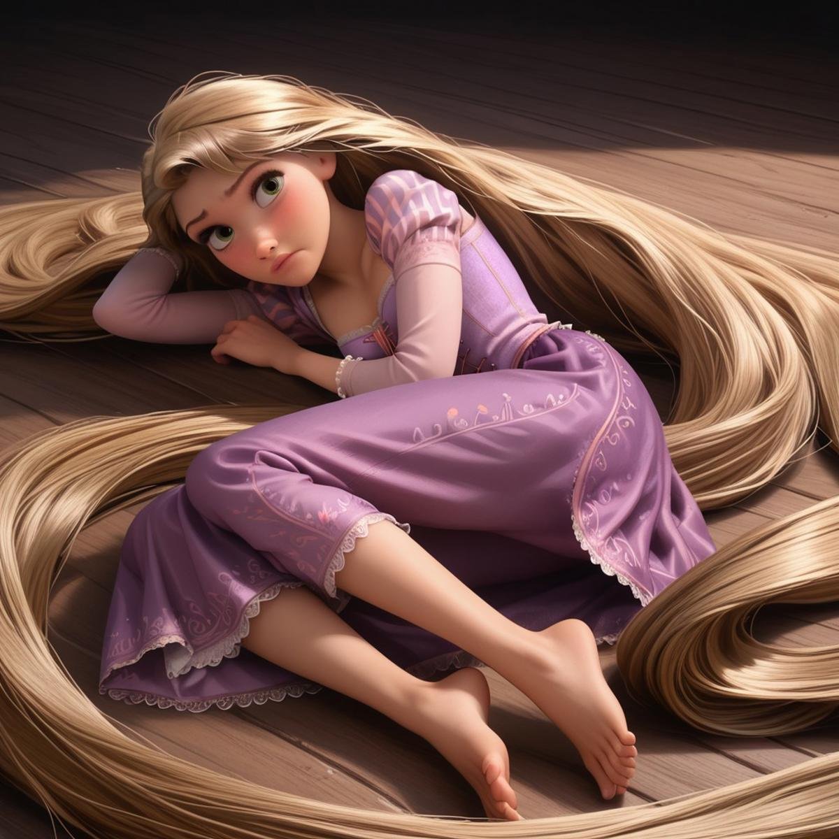 score_9, score_8, score_7, score_6, Rapunzel, 1girl, R_punzel, very long hair, laying on side, barefoot, posing, feet up