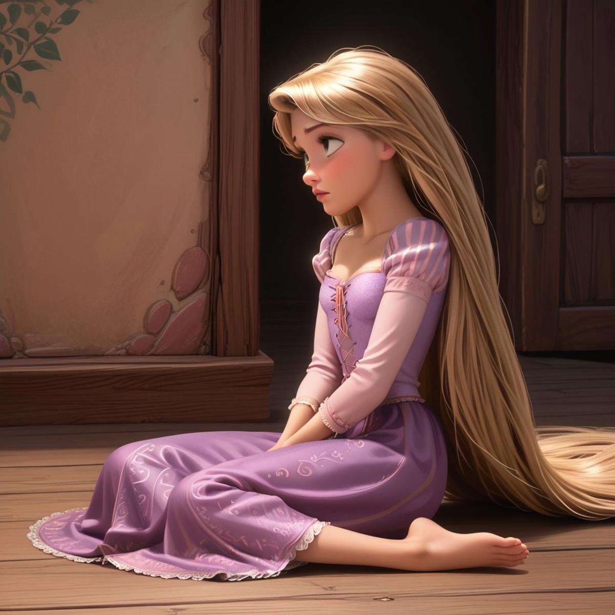 score_9, score_8, score_7, score_6, Rapunzel, 1girl, R_punzel, very long hair, sitting on the floor, barefoot