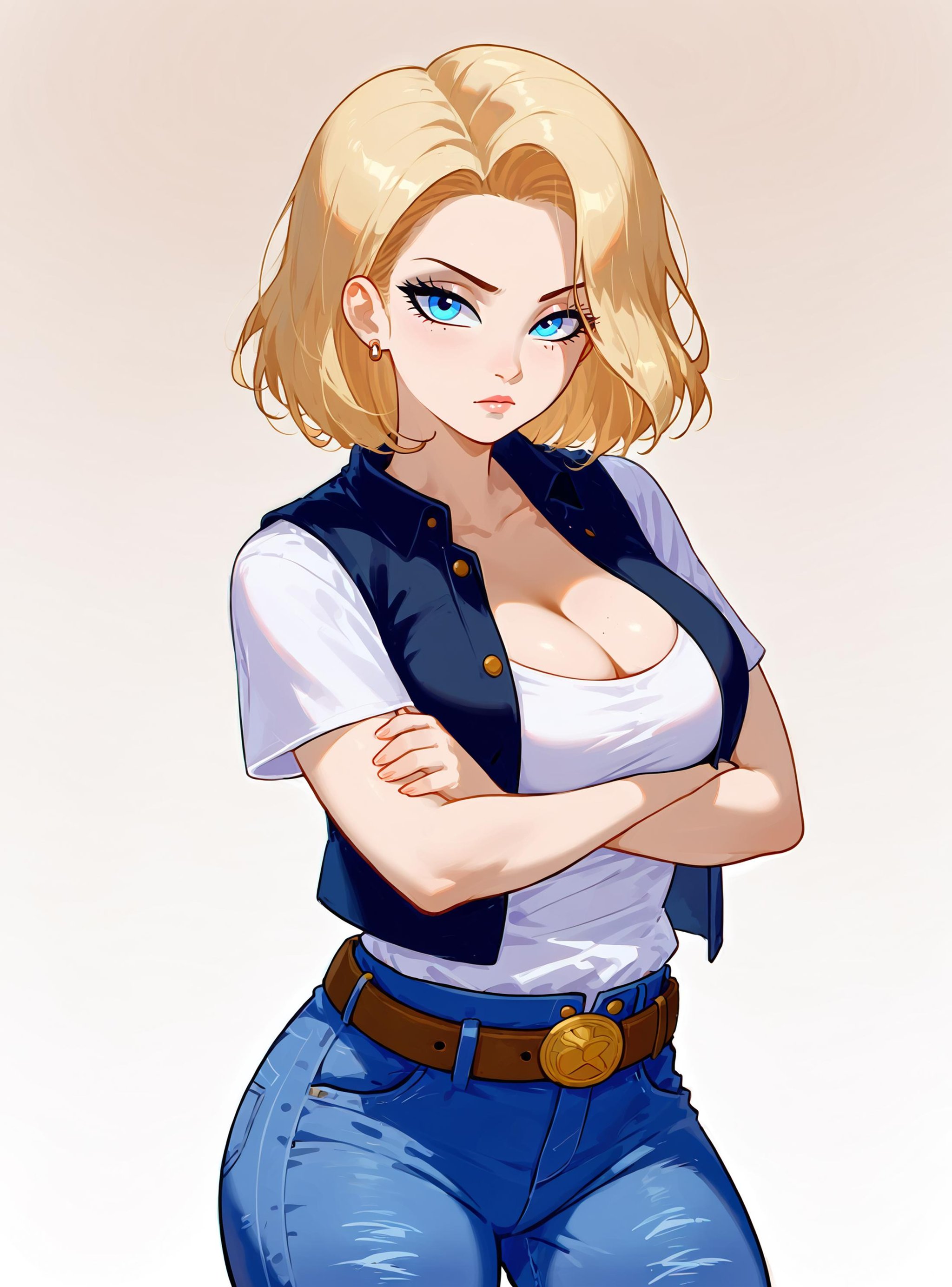 zPDXL2, source_anime, gradient background, 18xl, 1girl, solo, medium hair, looking at viewer, vest, denim pants, large breasts, mature female, standing, blue eyes,white shirt,cleavage, crossed arms, belt, artstyle_onepiece_mangacolored_ownwaifu<lora:a18xl2-000006:0.9>        <lora:add-detail-xl:1> <lora:DetailedEyes_V3:1> <lora:Cold Oil Gothic Style SDXL_LoRA_Pony Diffusion V6 XL:1>