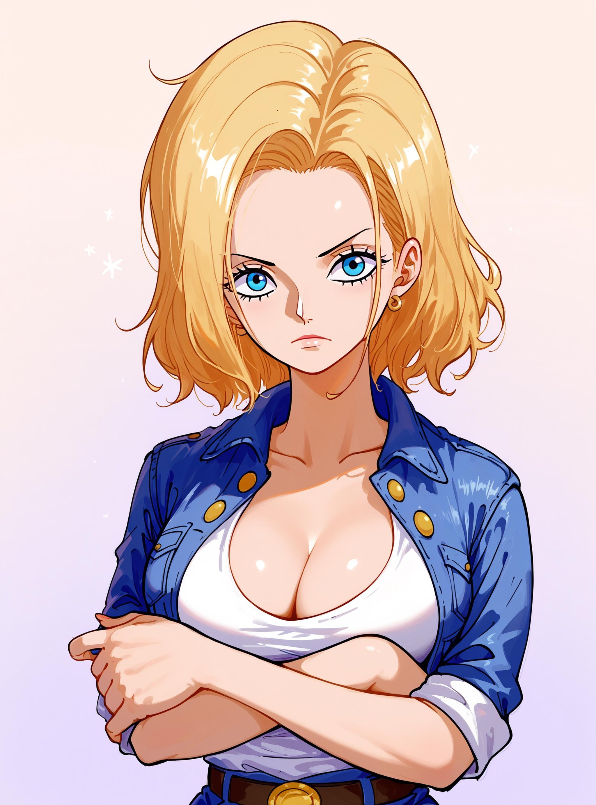 zPDXL2, source_anime, gradient background, 18xl, 1girl, solo, medium hair, looking at viewer, denim jacket, denim skirt, large breasts, mature female, standing, blue eyes,white shirt,cleavage, crossed arms, belt, artstyle_onepiece_mangacolored_ownwaifu<lora:a18xl2-000006:0.9>       <lora:PONYXL_OnePiece_MangaColored_ownwaifu:0.7>