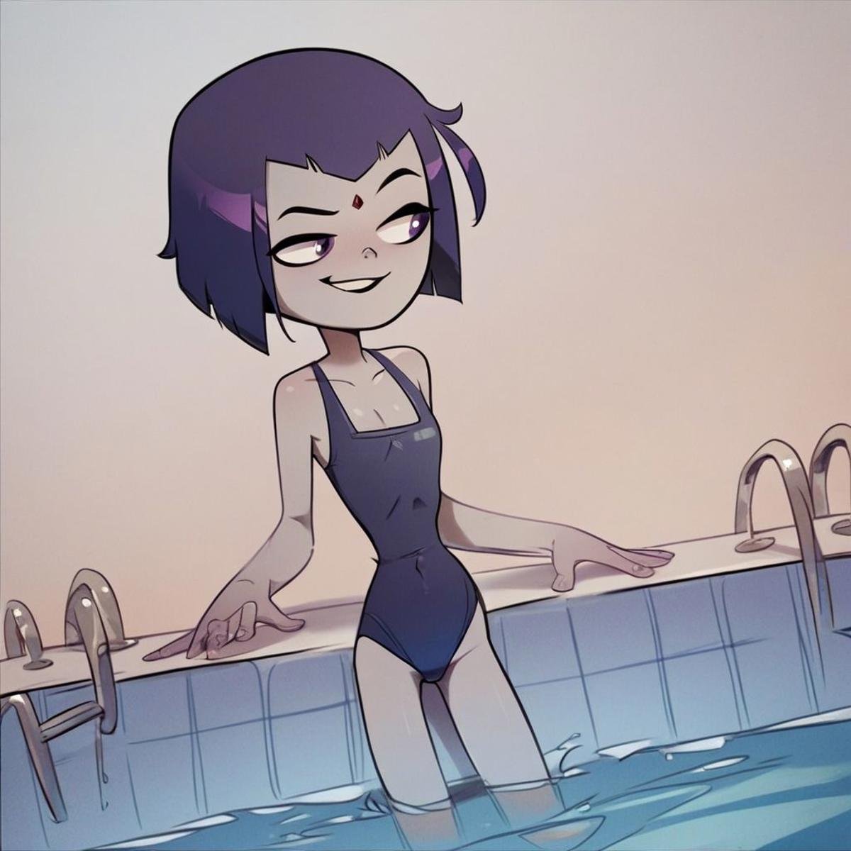 score_9, score_8_up, score_7_up, score_6_up, score_5_up, score_4_up, 1girl, Raven, in a pool, swimsuit, smile, flat chest, no breasts, skinny, petite, cartoon 