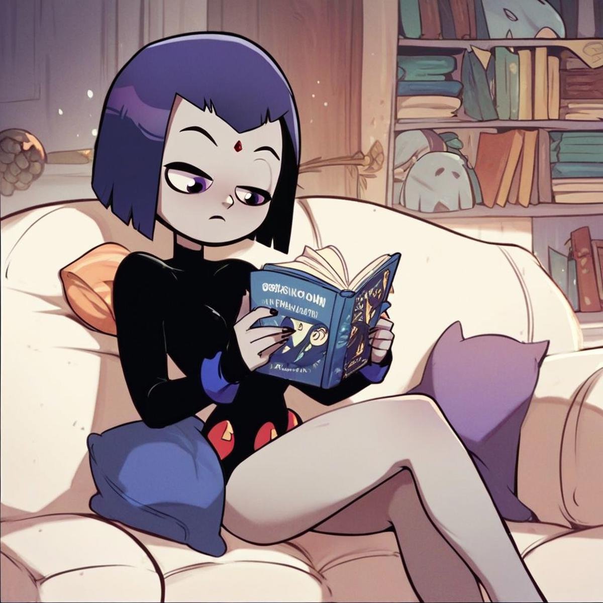 score_9, score_8_up, score_7_up, score_6_up, score_5_up, score_4_up, 1girl, Raven, on a couch, reading a book