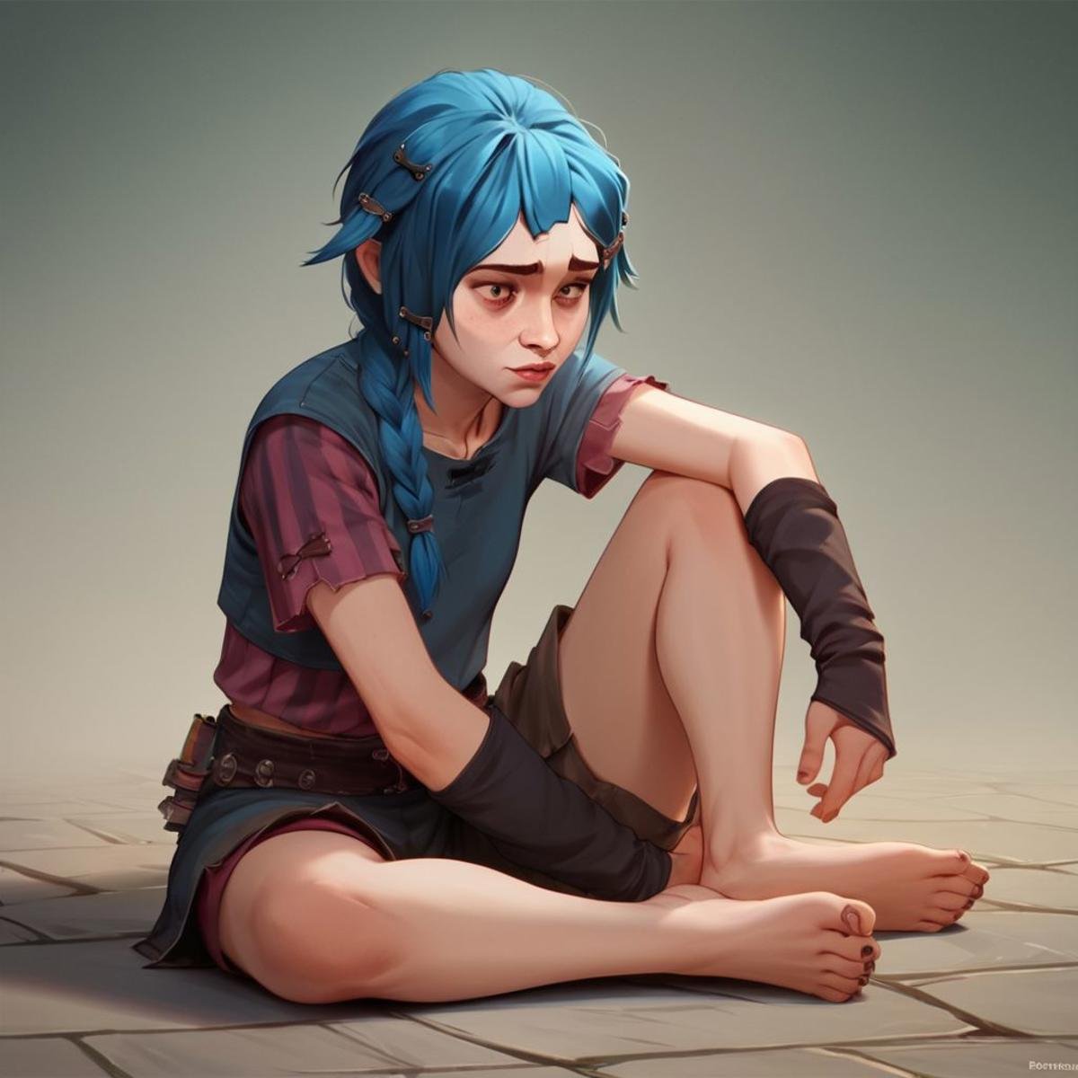 score_9, score_8_up, score_7_up, score_6_up, score_5_up, score_4_up, PowderJinx, blue hair, braid, sitting on the floor, barefoot