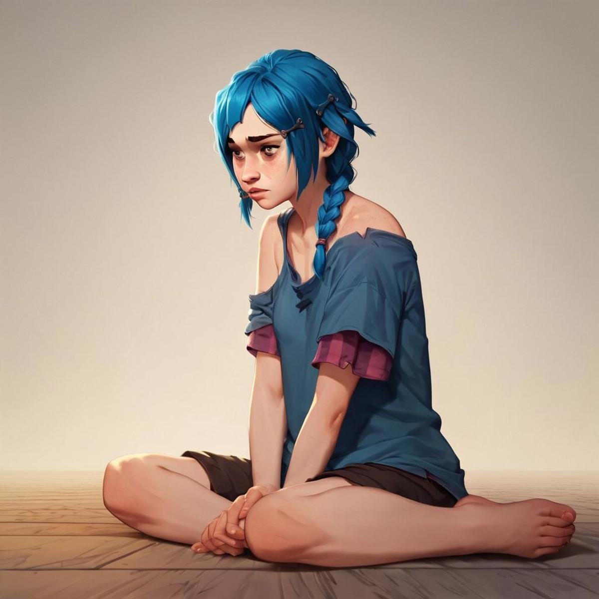 score_9, score_8_up, score_7_up, score_6_up, score_5_up, score_4_up, rating_questionable, PowderJinx, blue hair, braid, sitting on the floor, barefoot, loose shirt, shoulder exposed