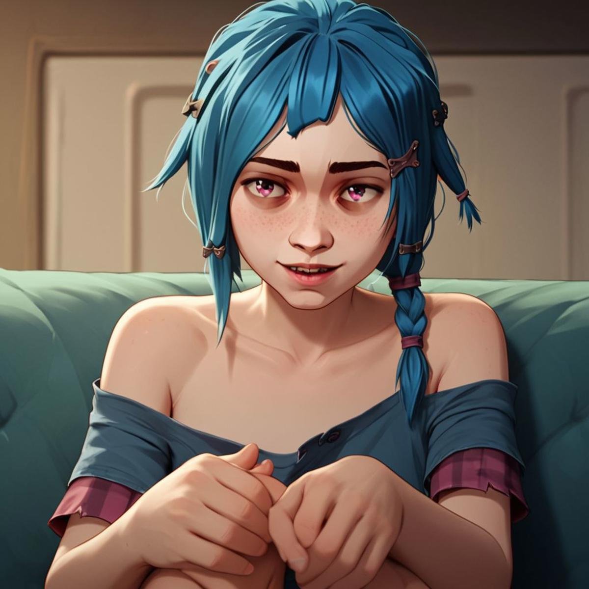 score_9, score_8_up, score_7_up, score_6_up, score_5_up, score_4_up, PowderJinx, sitting on a worn couch, barefoot, loose shirt, exposed shoulder, OverallDetail, fFaceDetail, Blue hair, SkinHairDetail, happy