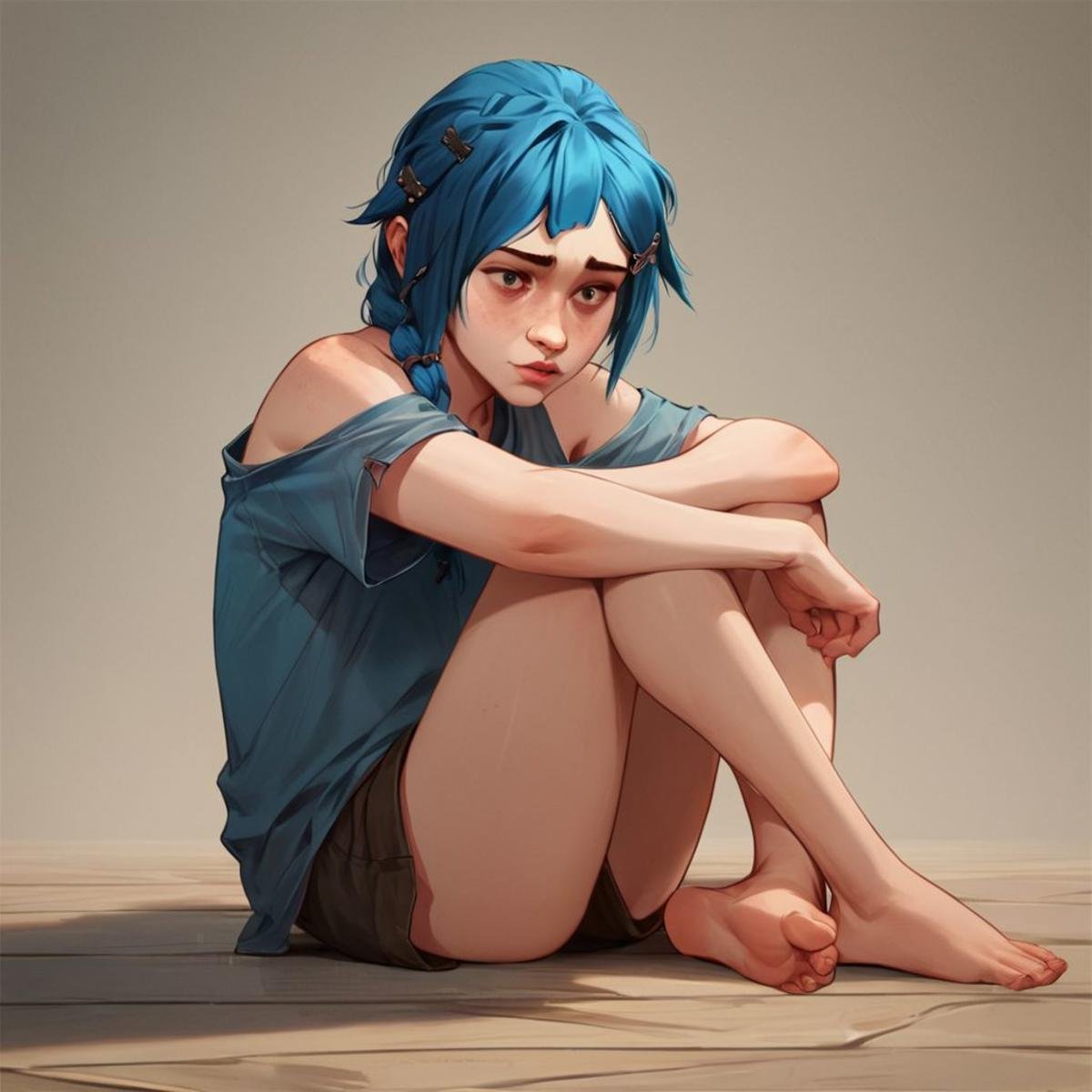 score_9, score_8_up, score_7_up, score_6_up, score_5_up, score_4_up, rating_questionable, PowderJinx, blue hair, braid, sitting on the floor, barefoot, loose shirt, shoulder exposed