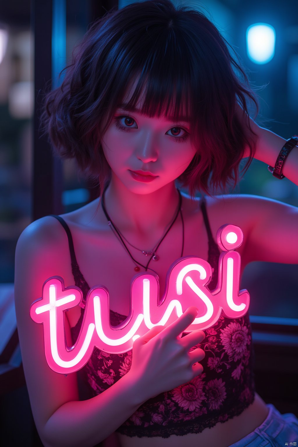 Masterpiece, (Best Quality), a young and fashionable Chinese girl with short curly hair, holding a neon light with the neon word "tusi" on it, 1 girl